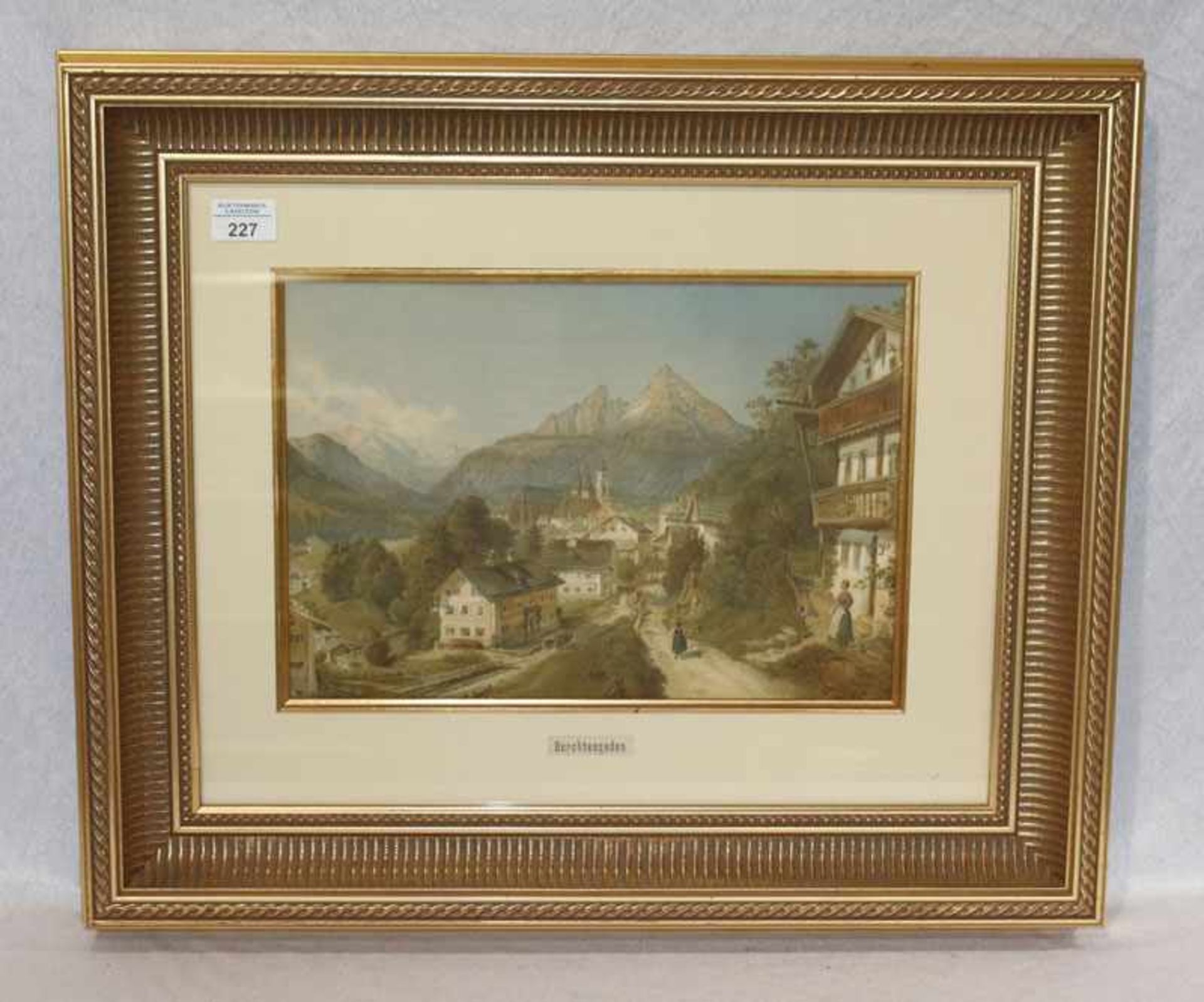 Farblithographie von Franz Alt 'Berchtesgaden', mit Passepartout unter Glas schön gerahmt, incl.