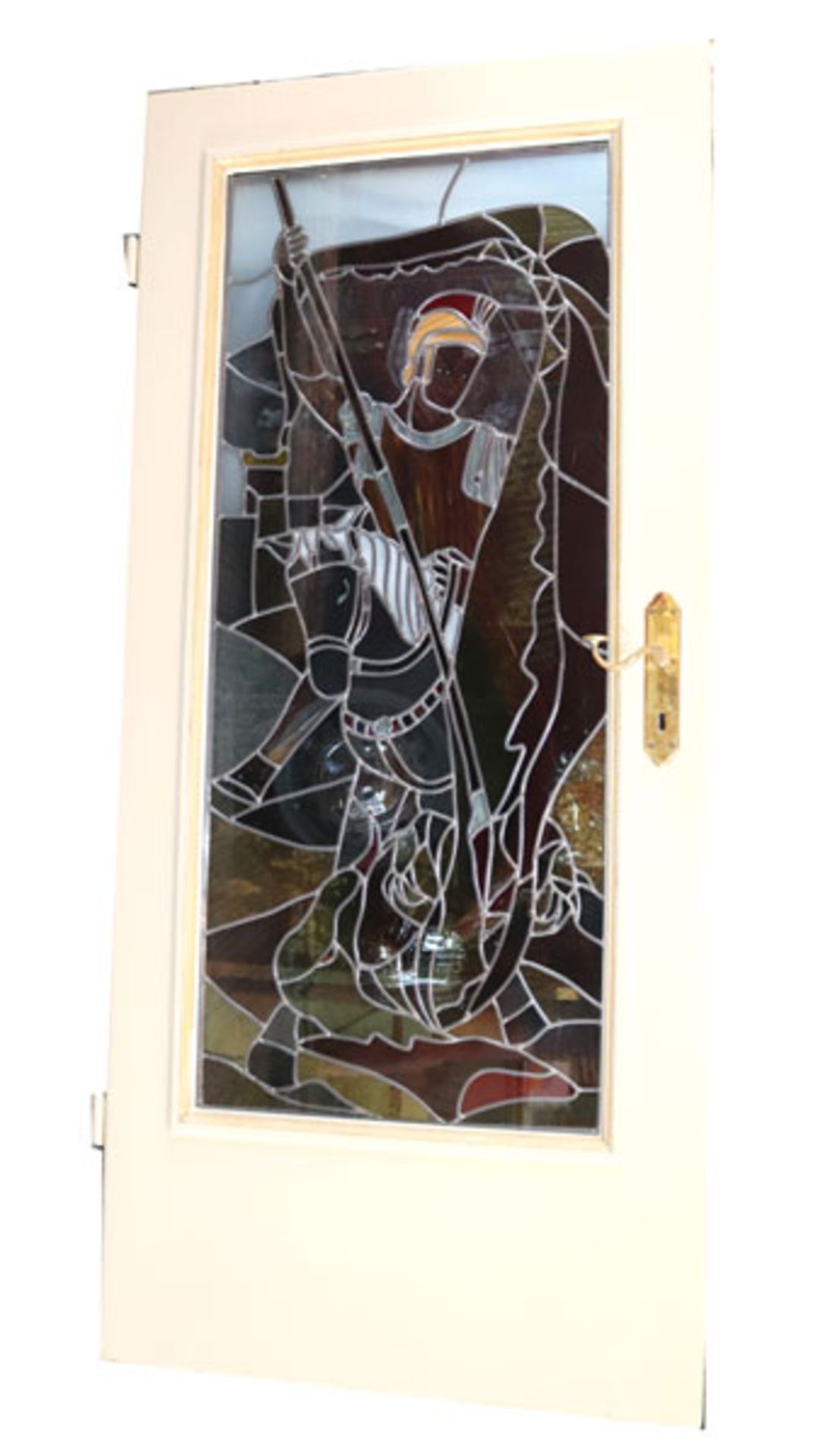 Bleiverglaste Tür mit Bildnis 'Hl. Georg', in farbiger Bleiverglasung, H 194 cm, B 87 cm, Versand