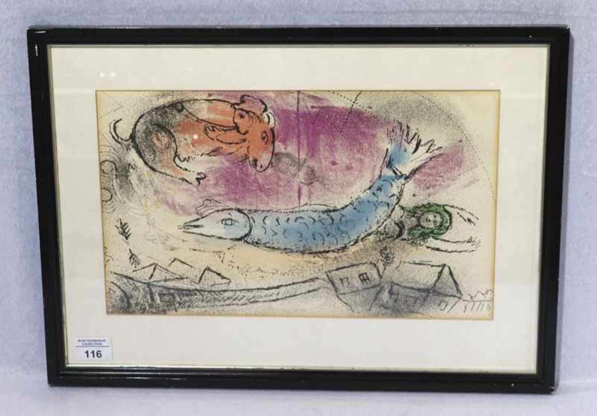Druck in der Art von Marc Chagall 'Fliegender Fisch', mit Passepartout unter Glas gerahmt, Rahmen