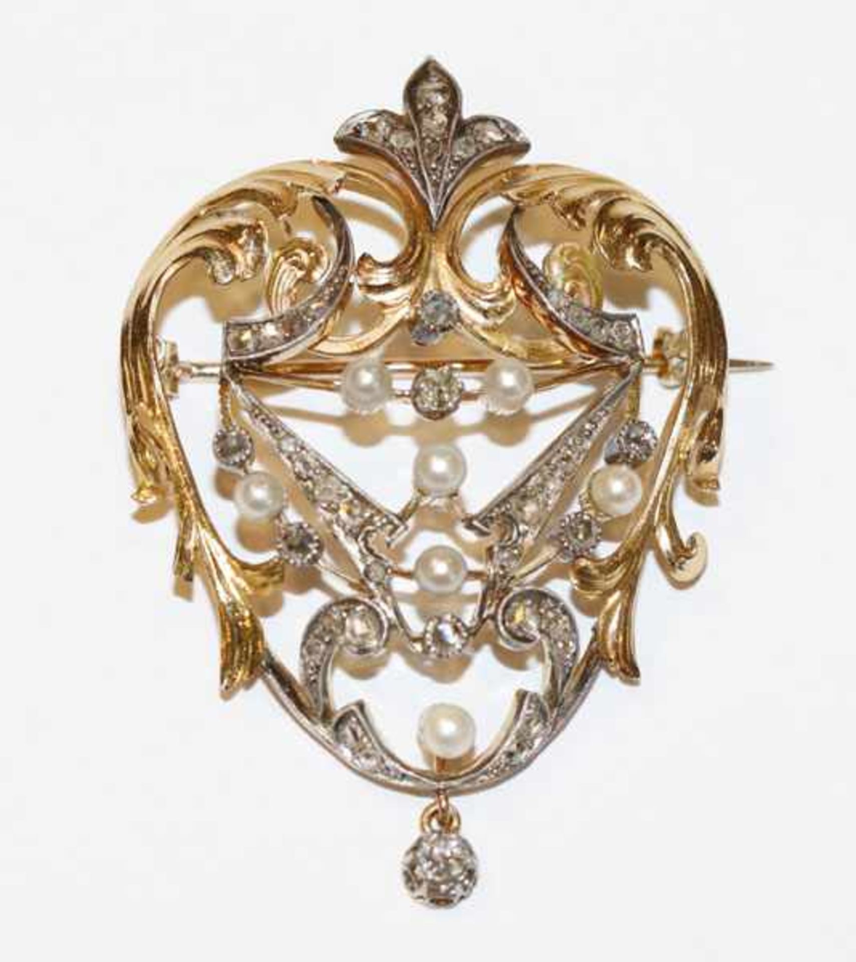 Dekorative 18 k Gelbgold/Silber Brosche mit Perlen und Diamanten, 19. Jahrhundert, 20,5 gr., B 4,5