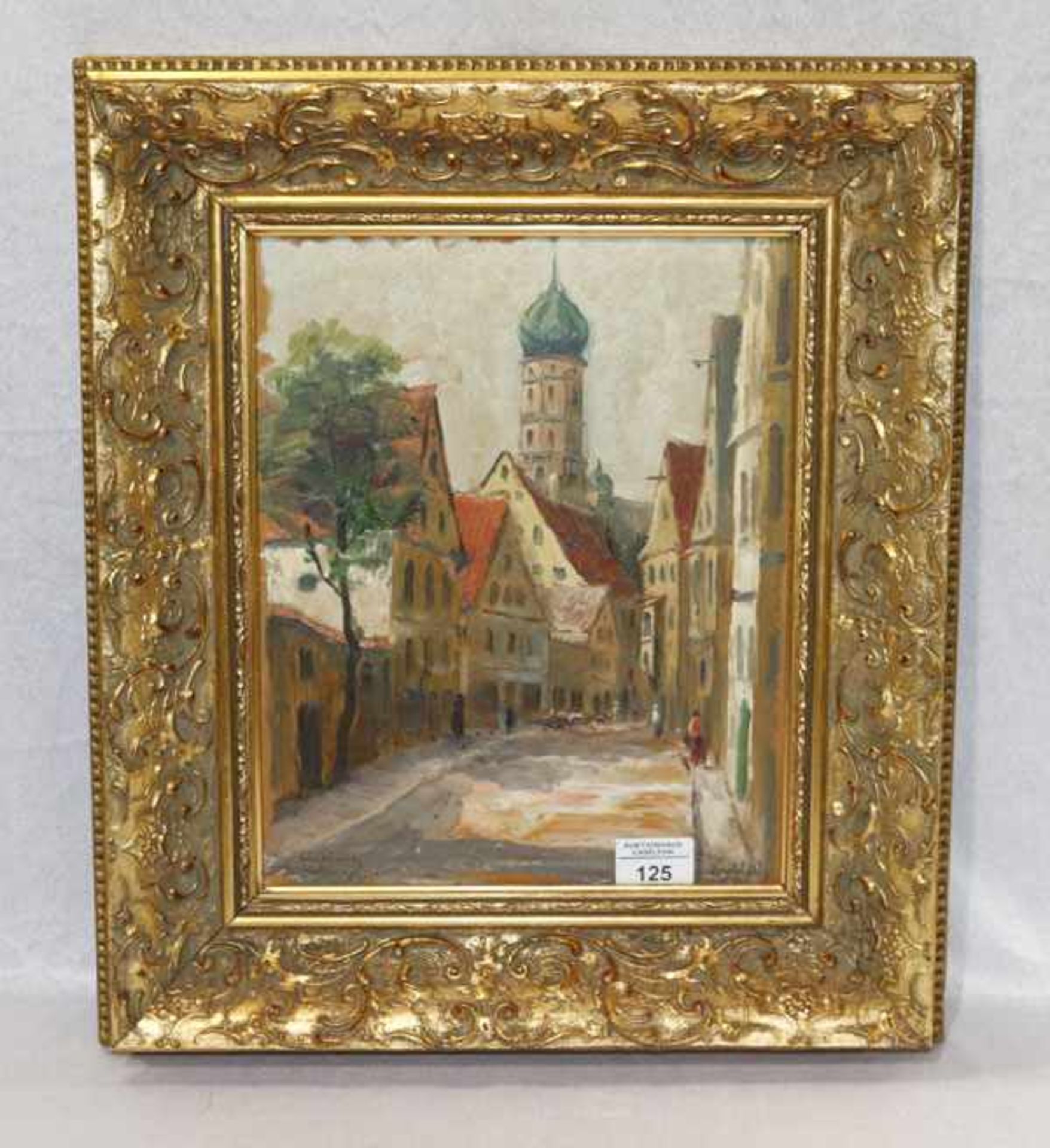 Gemälde ÖL/Hartfaser 'Gassen-Szenerie mit Kirche', signiert Knobloch, * 1881 Böhmisch-Kamnitz + 1964