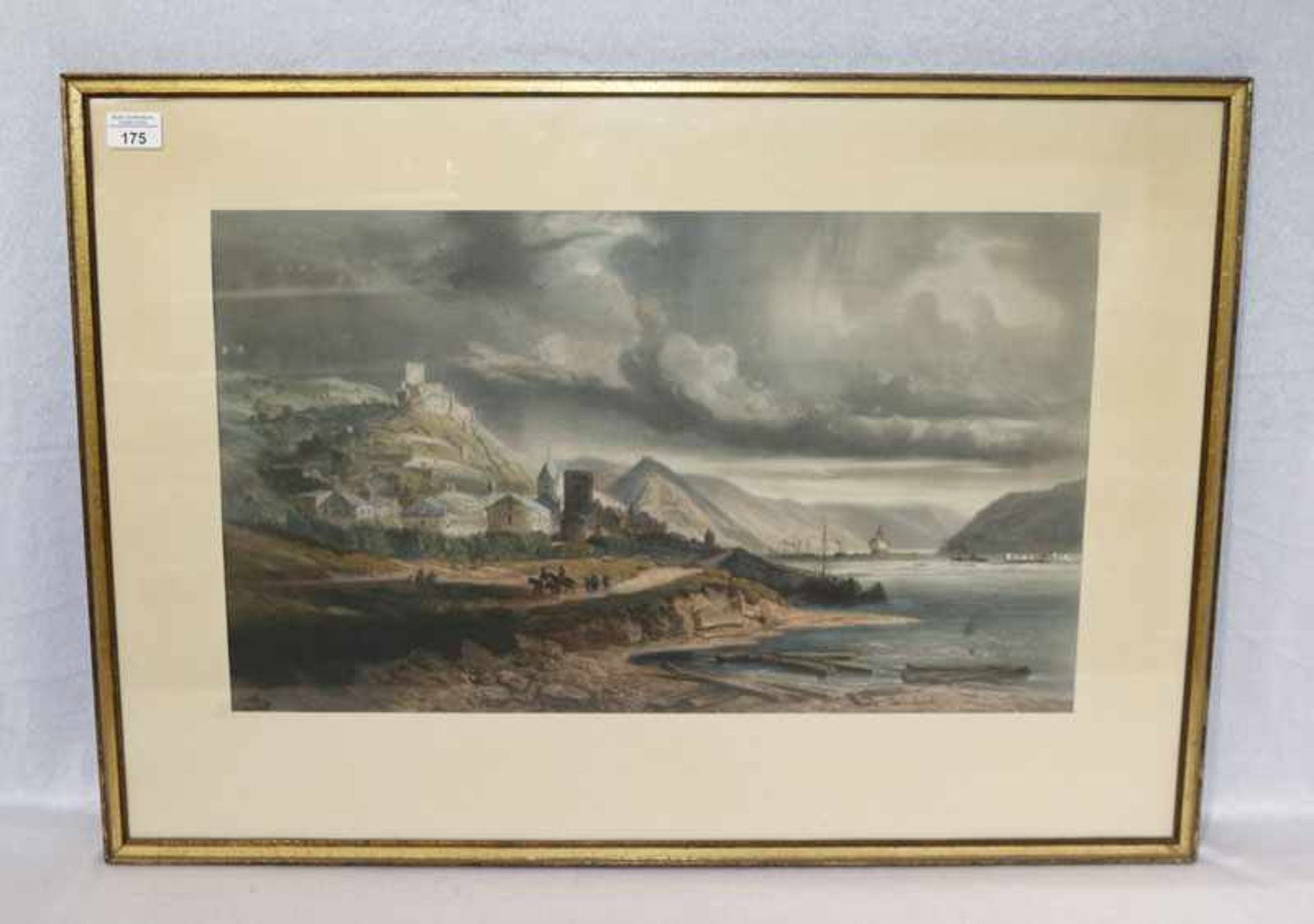 Lithographie 'Fjordlandschaft mit Ruine', unter Glas gerahmt, Rahmen bestossen, incl. Rahmen 58 cm x