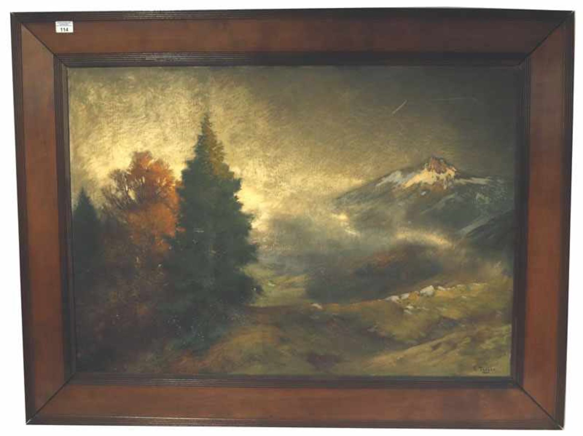 Gemälde ÖL/Malkarton 'Gebirgslandschaft im Herbst', signiert Taeger, Karl Hanns, * 1856 Neustadt