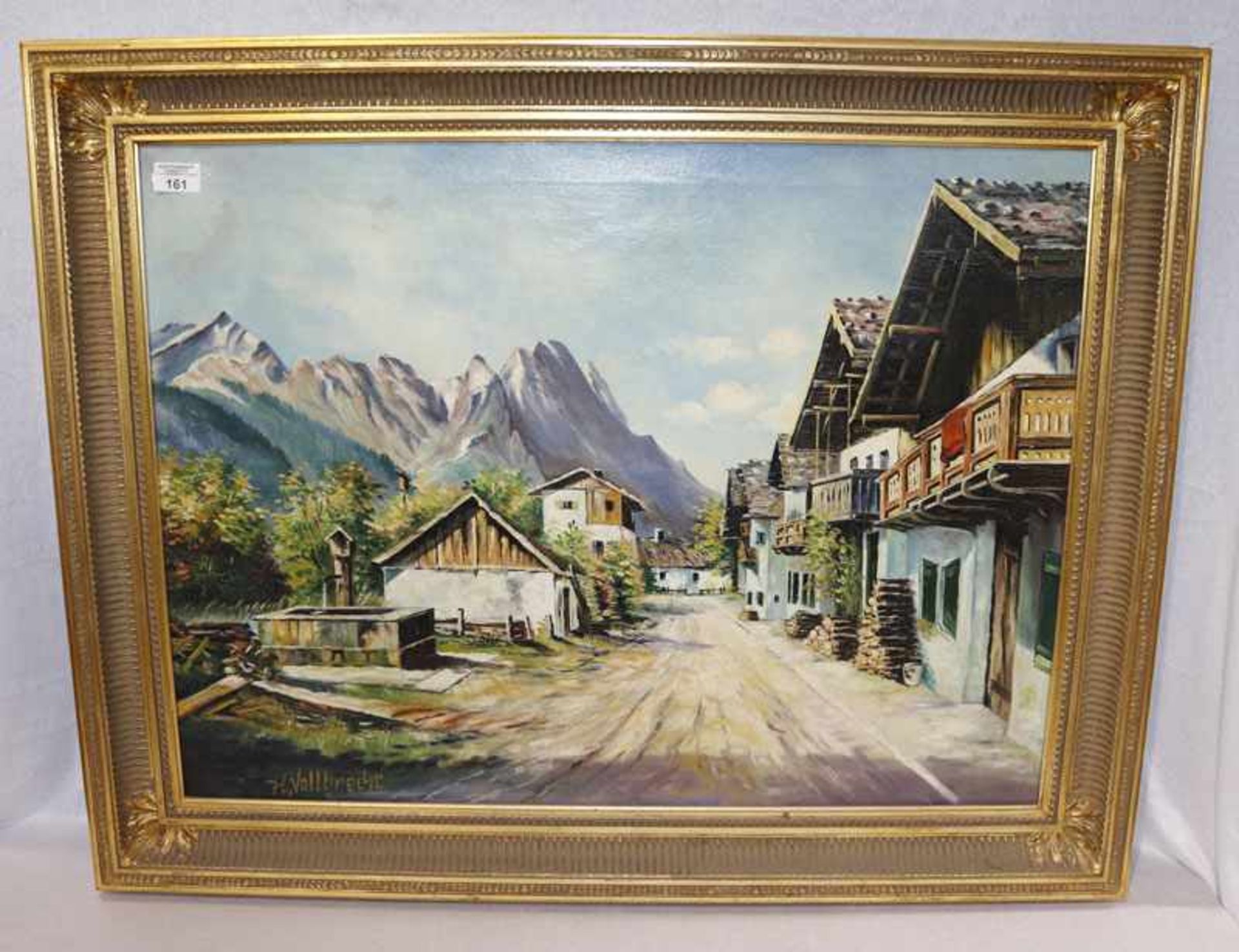 Gemälde ÖL/LW 'Frühlingsstrasse mit Blick zum Wettersteingebirge', signiert H. Vollbrecht,