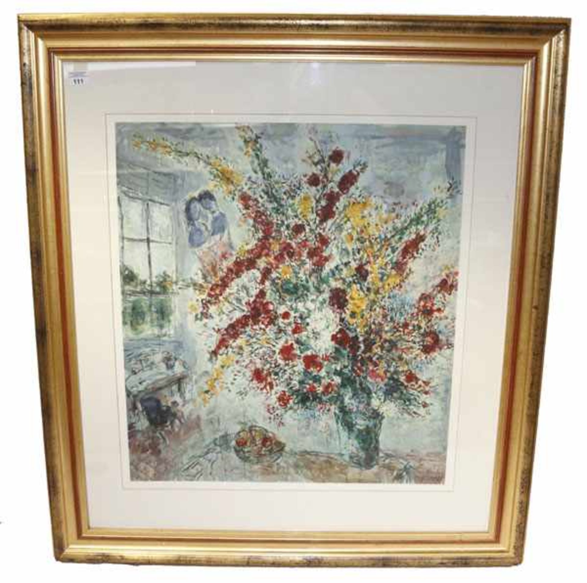 Lithographie 'Blumenstrauss am Fenster', nach Marc Chagall, mit Passepartout unter Glas gerahmt,