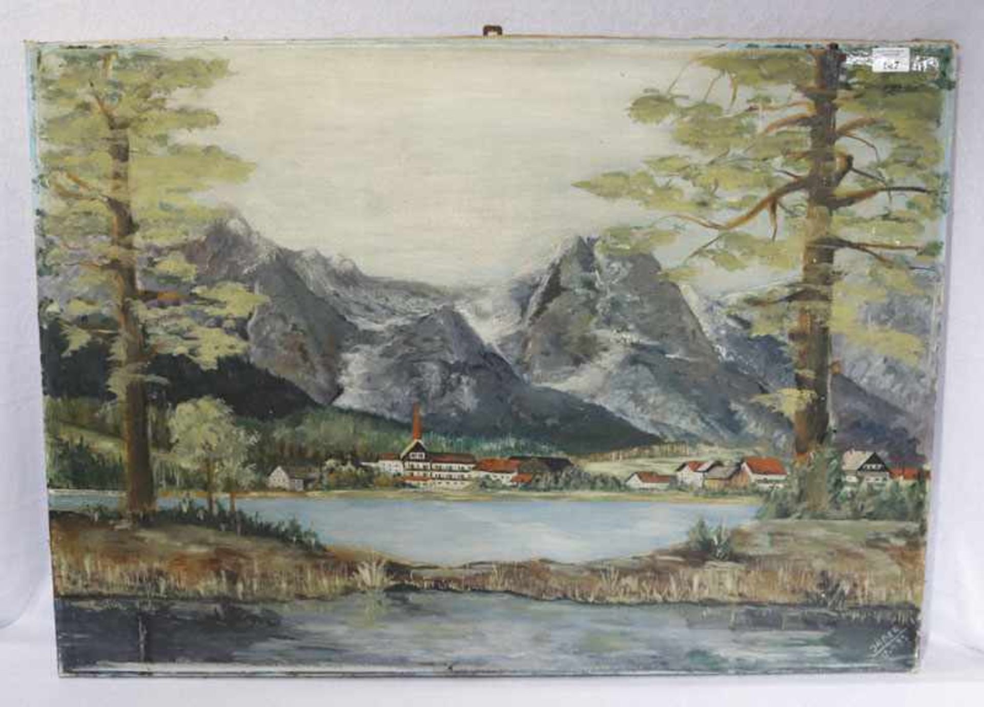 Gemälde ÖL/LW 'Tegernsee mit Rottach-Egern', signiert Jäger 15.4.53, LW hat Loch und ist rissig,