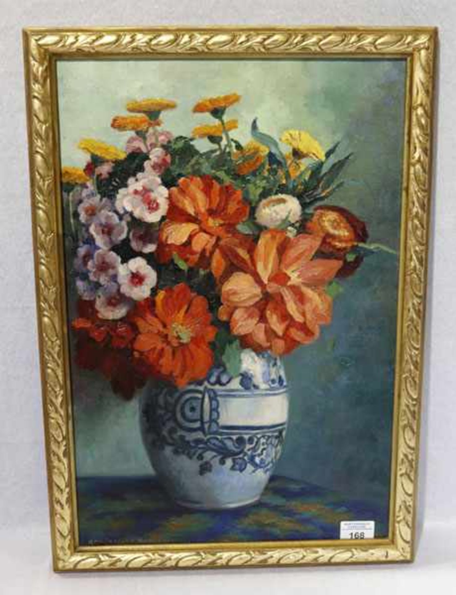 Gemälde ÖL/LW 'Blumenstillleben in Vase', signiert Karl Zaiczek, Blankenau, gerahmt, Rahmen leicht