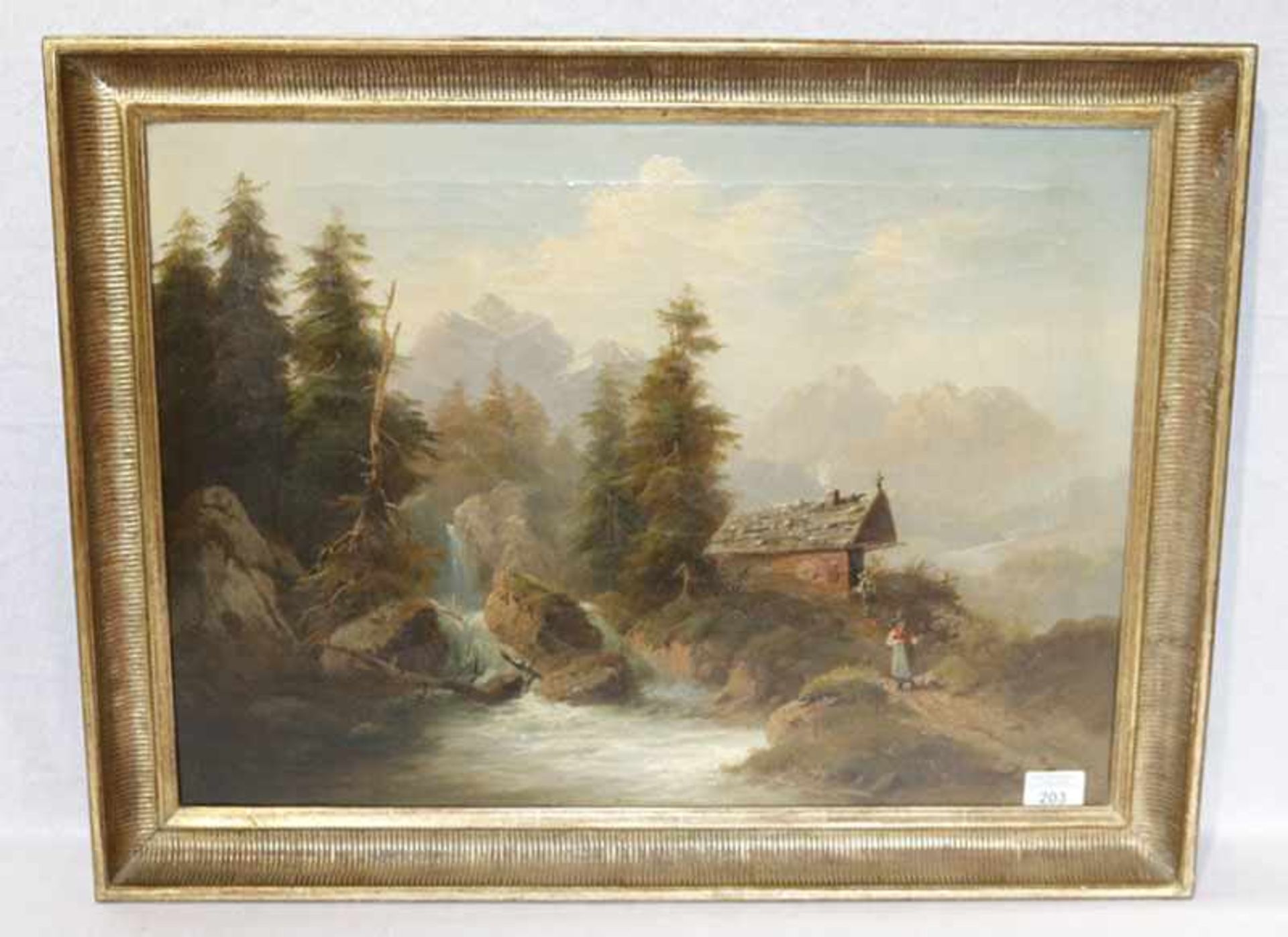 Gemälde ÖL/LW 'Romantische Landschafts-Szenerie mit Wildbach', fein bemalt, 19. Jahrhundert,