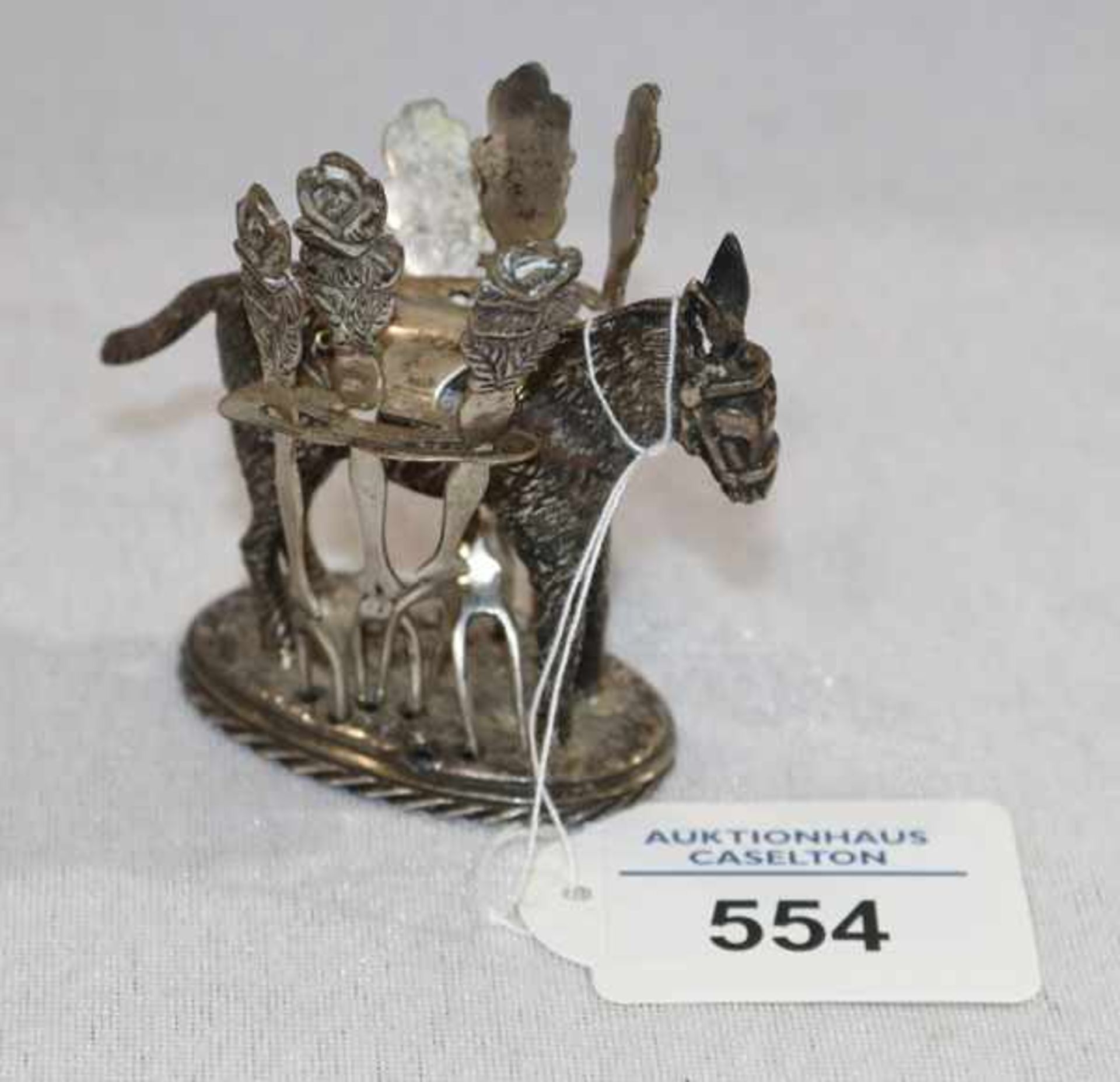 Figur, plastischer Esel mit Halterung für 6 kleine Gabeln, Silber, 114 gr., H 7 cm