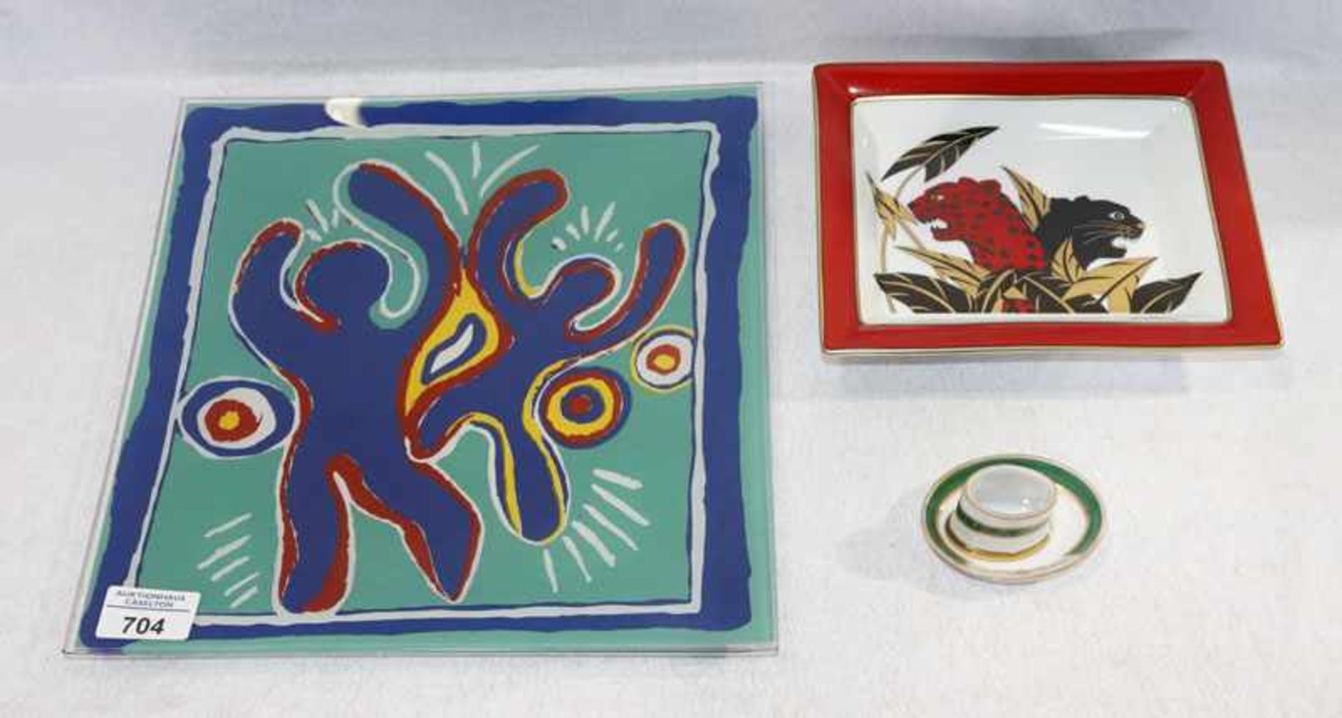 Porzellan Konvolut: Limoges Schale, Wempe, mit Pantherdekor, H 3,5 cm, 19,5 cm x 16 cm, Glasschale