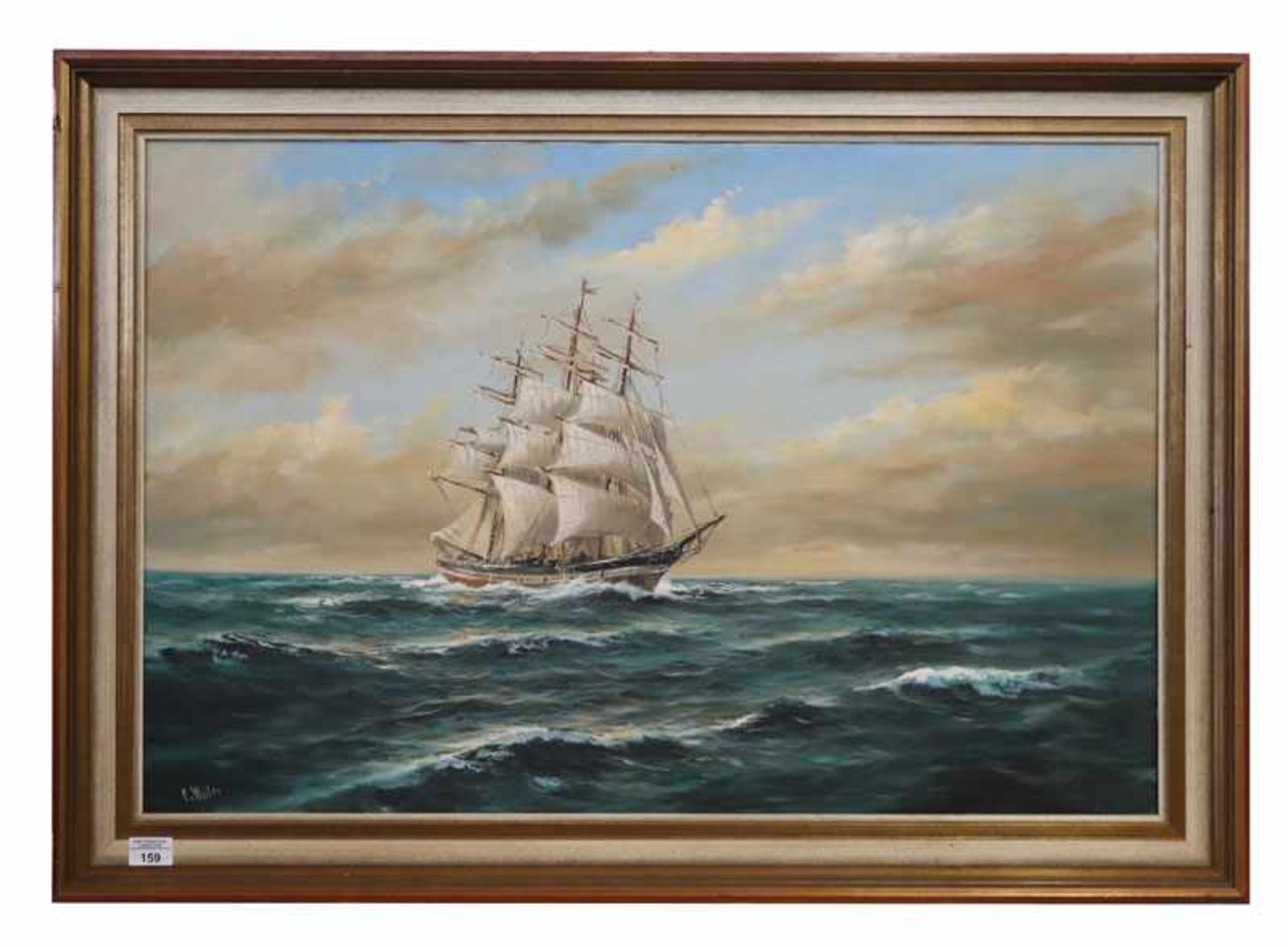 Gemälde ÖL/LW 'Segelschiff auf dem Meer', signiert C. Weiler, gerahmt, Rahmen beschädigt, incl.
