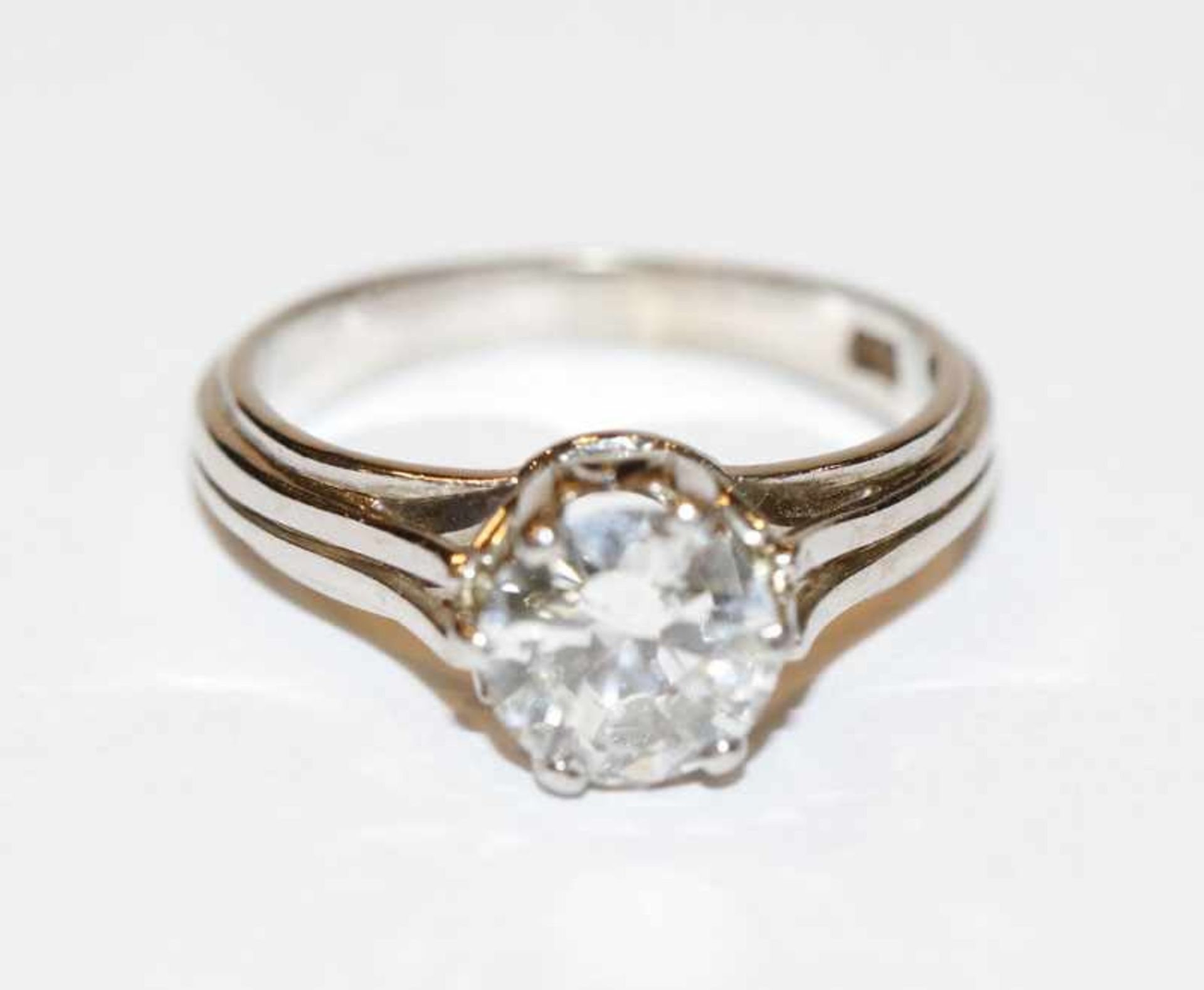 14 k Weißgold Solitär Diamantring, 1,03 ct. si/pi, weiss leicht milchig, Rondiste beschädigt, Gr.