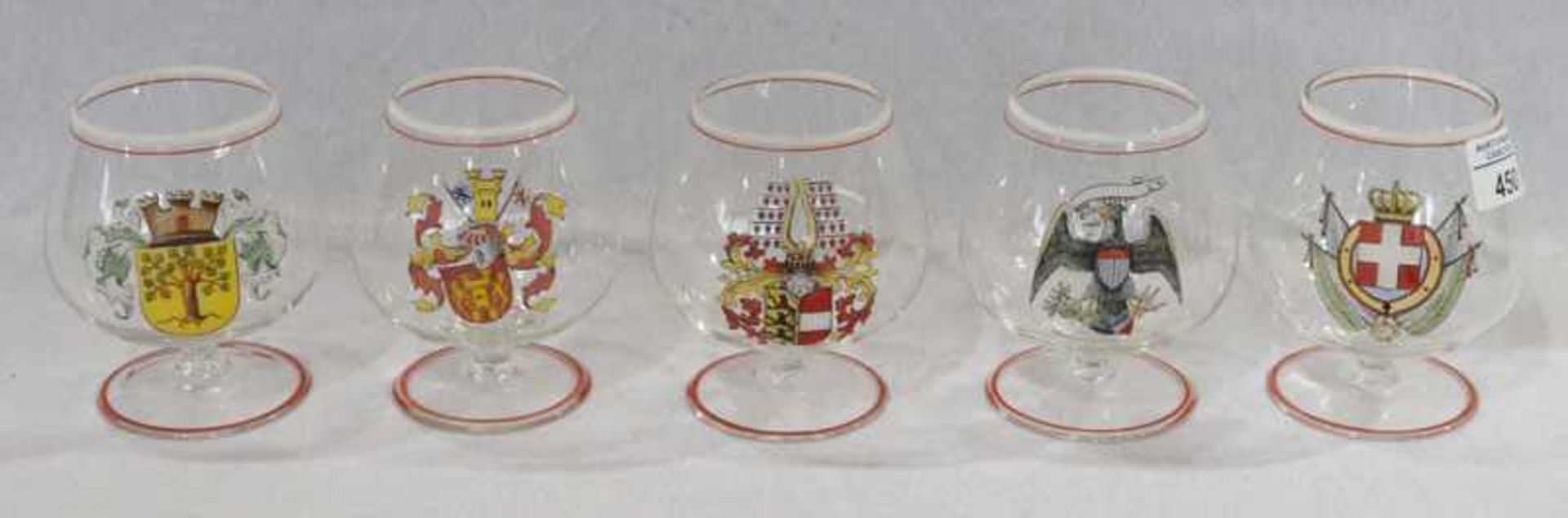 5 Cognacschwenker mit verschiedenen Wappendekoren, leicht berieben, H 11,5 cm