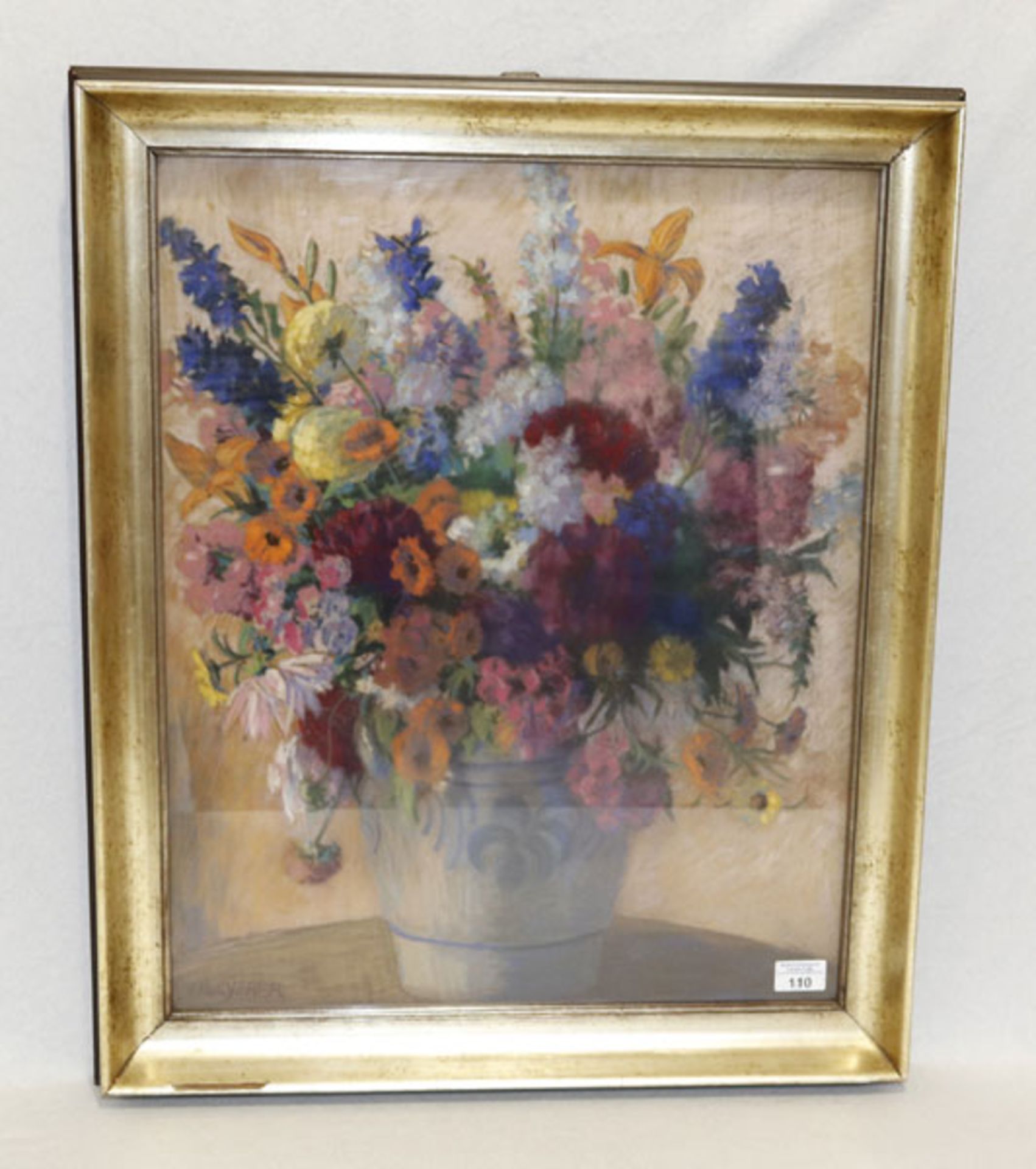 Gemälde Pastell 'Blumenstillleben in Vase', signiert B. Weyerer, 1926, unter Glas gerahmt, Rahmen