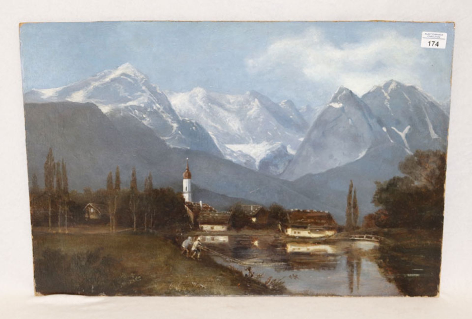 Gemälde ÖL/Malkarton 'Grainau mit Wettersteingebirge', an den Ecken bestossen, ohne Rahmen 45 cm x