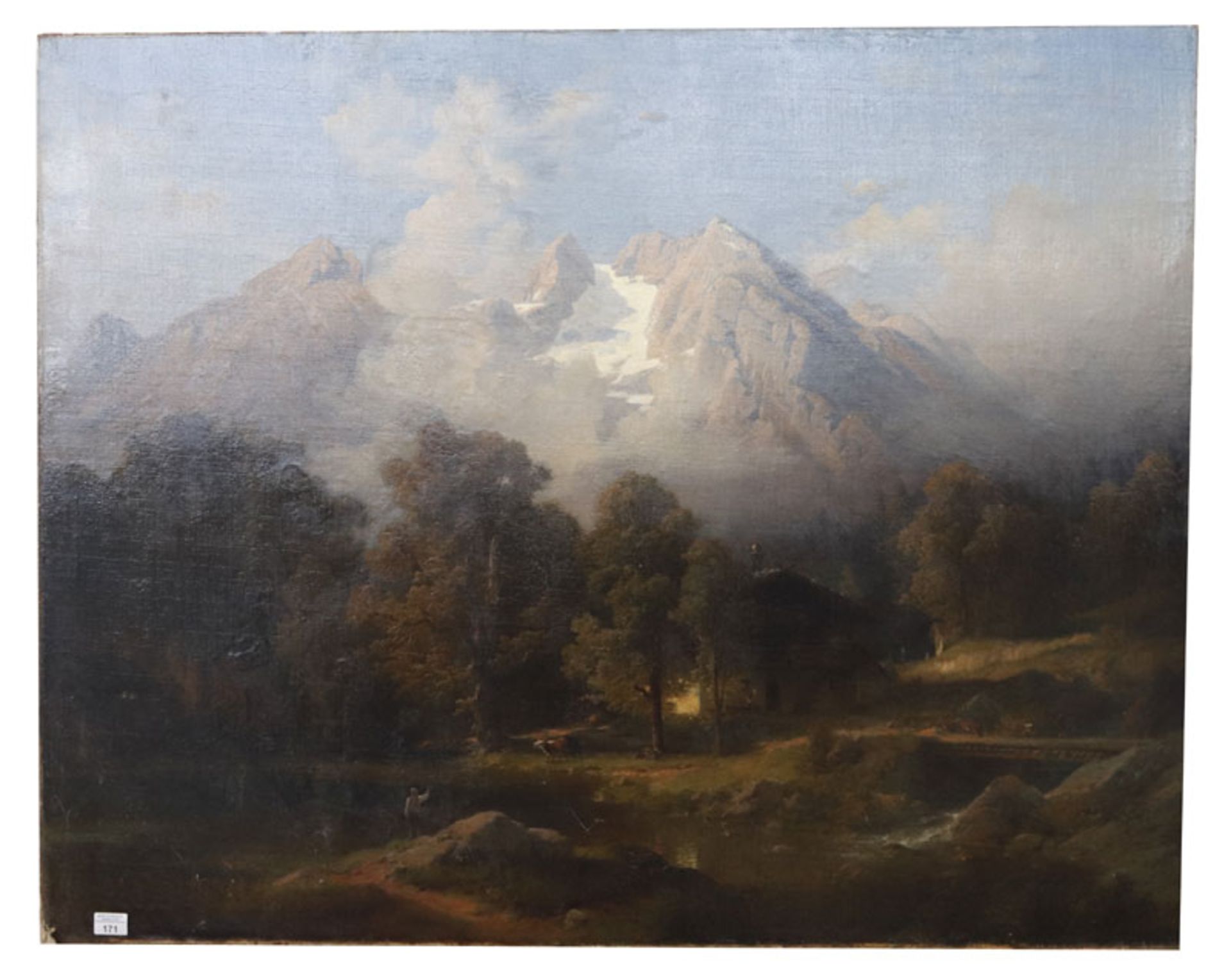 Gemälde ÖL/LW 'Landschafts-Szenerie mit Watzmann, Berchtesgaden', signiert Julius Lange, datiert