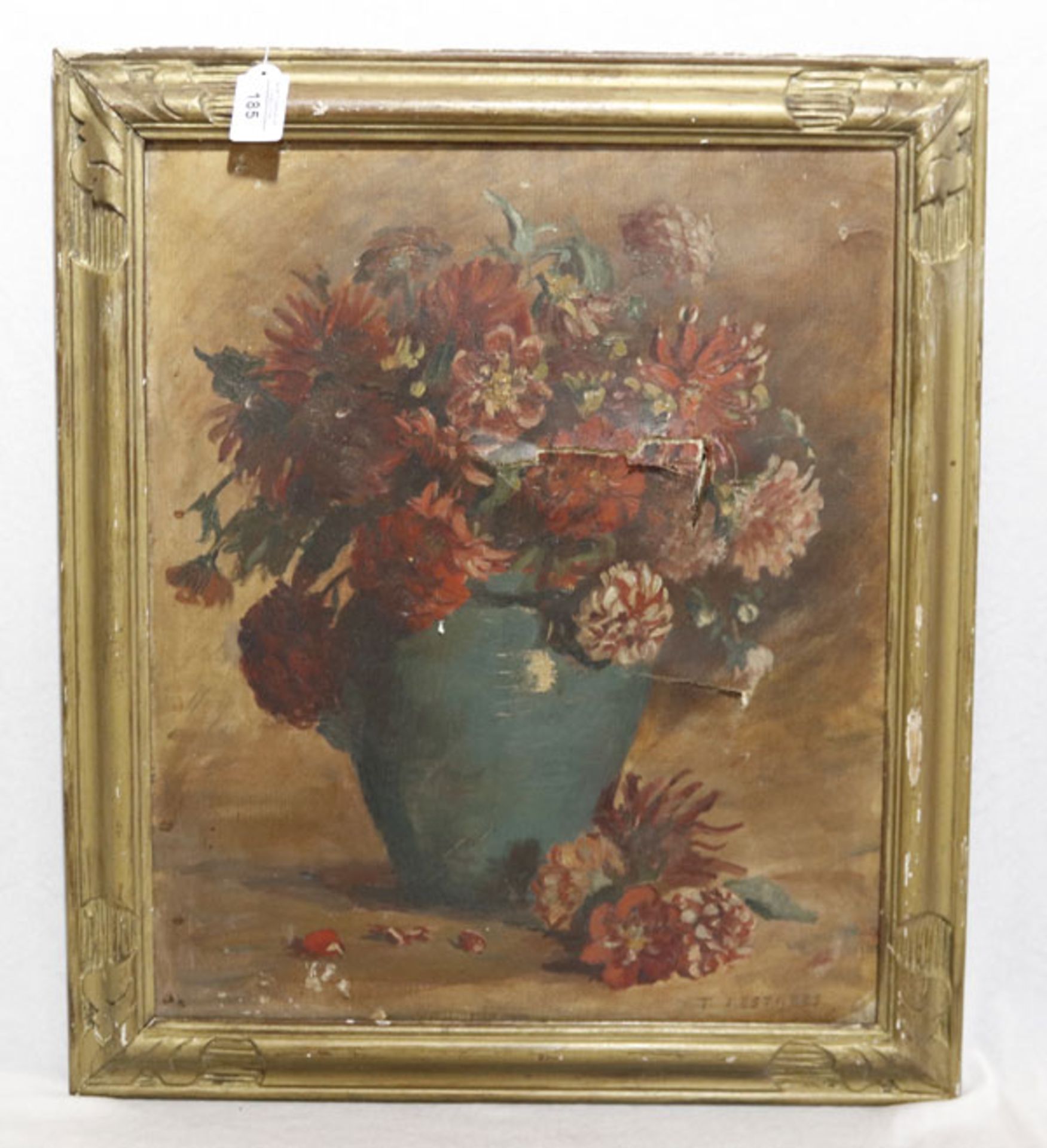 Gemälde ÖL/LW 'Dahlien in Vase', signiert Estrees, wohl Thérèse d' Estrees, * 1874 - ?, doubliert,