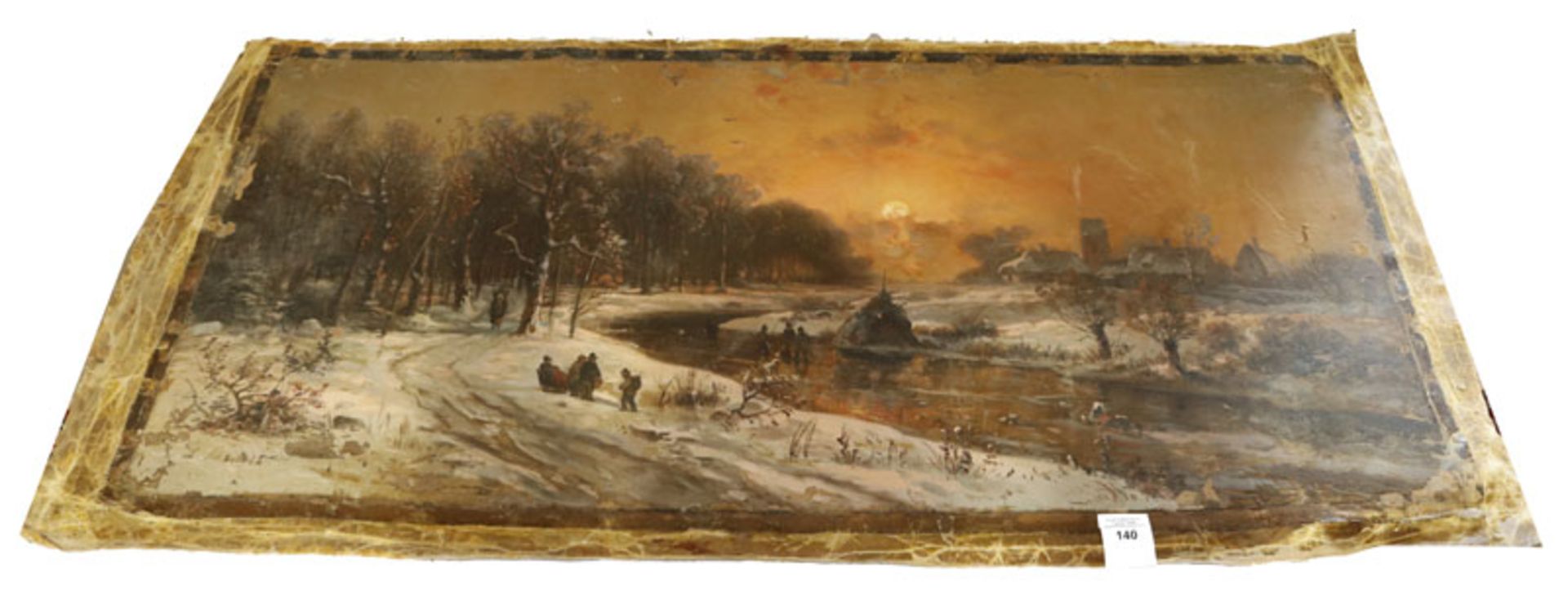 Gemälde ÖL/LW 'Winterlandschaft bei Sonnenuntergang', unleserlich signiert, stark beschädigt,