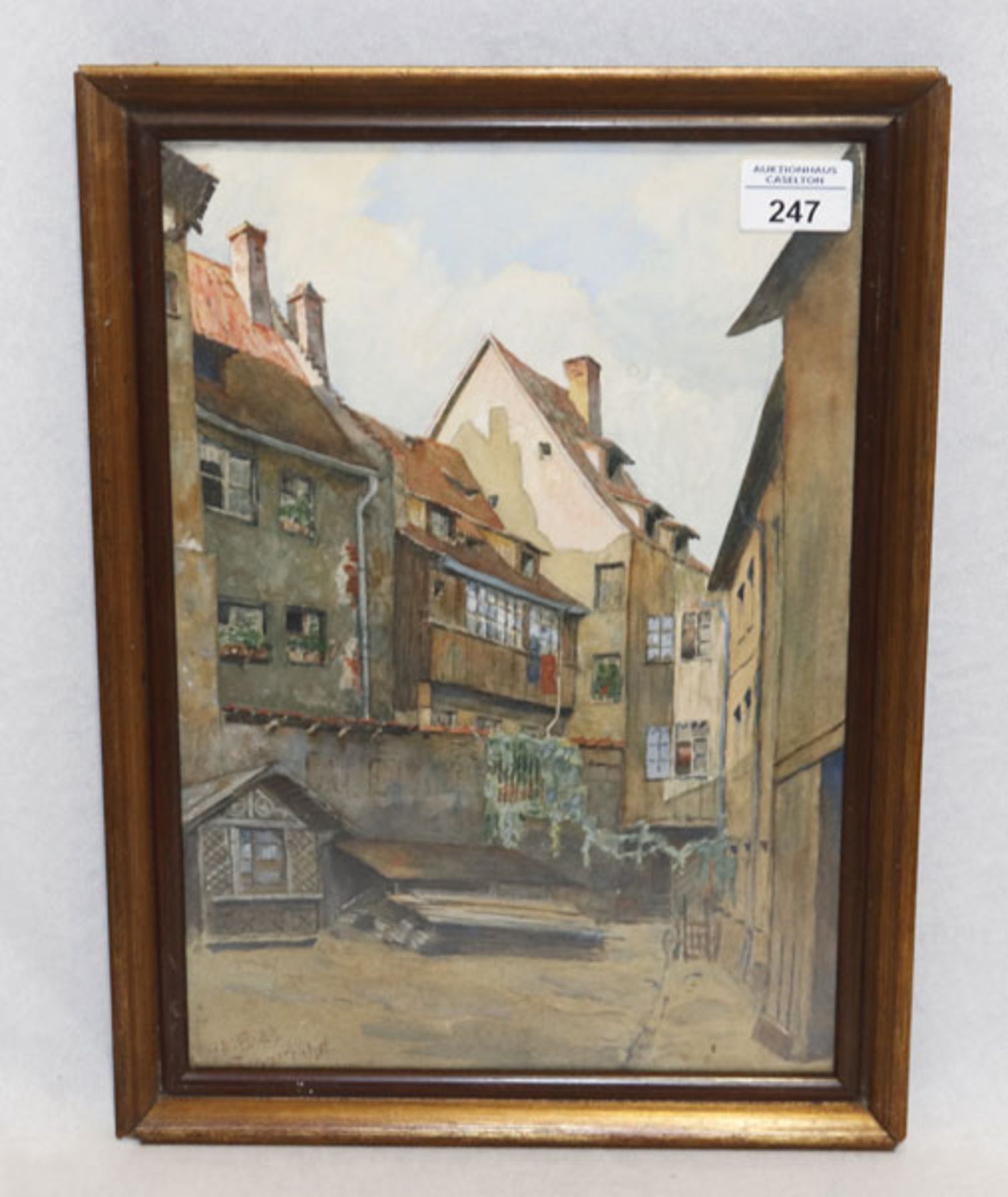 Aquarell 'Hinterhof', datiert 22.7.23, Bild hat kleine Flecken, unter Glas gerahmt, Rahmen