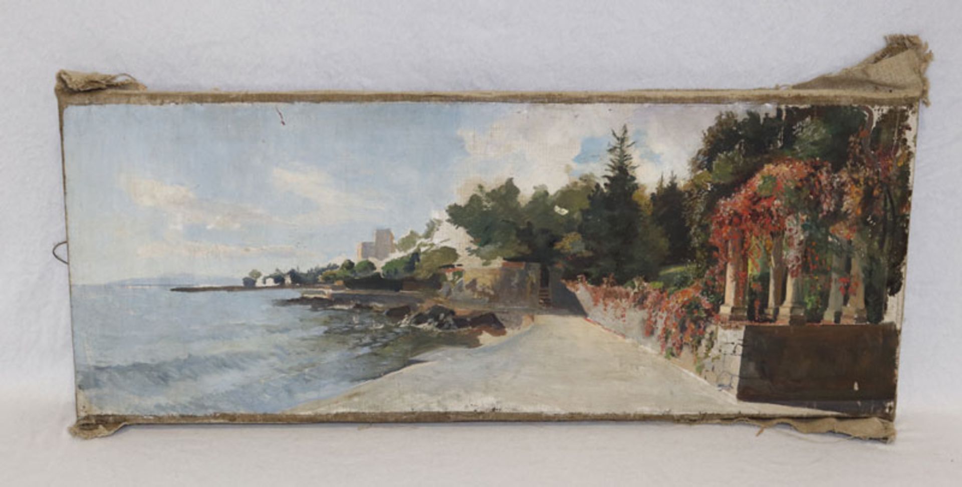 Gemälde ÖL/LW 'Südliche Ufer-Szenerie', ohne Rahmen, teils beschädigt, 30 cm x 76 cm