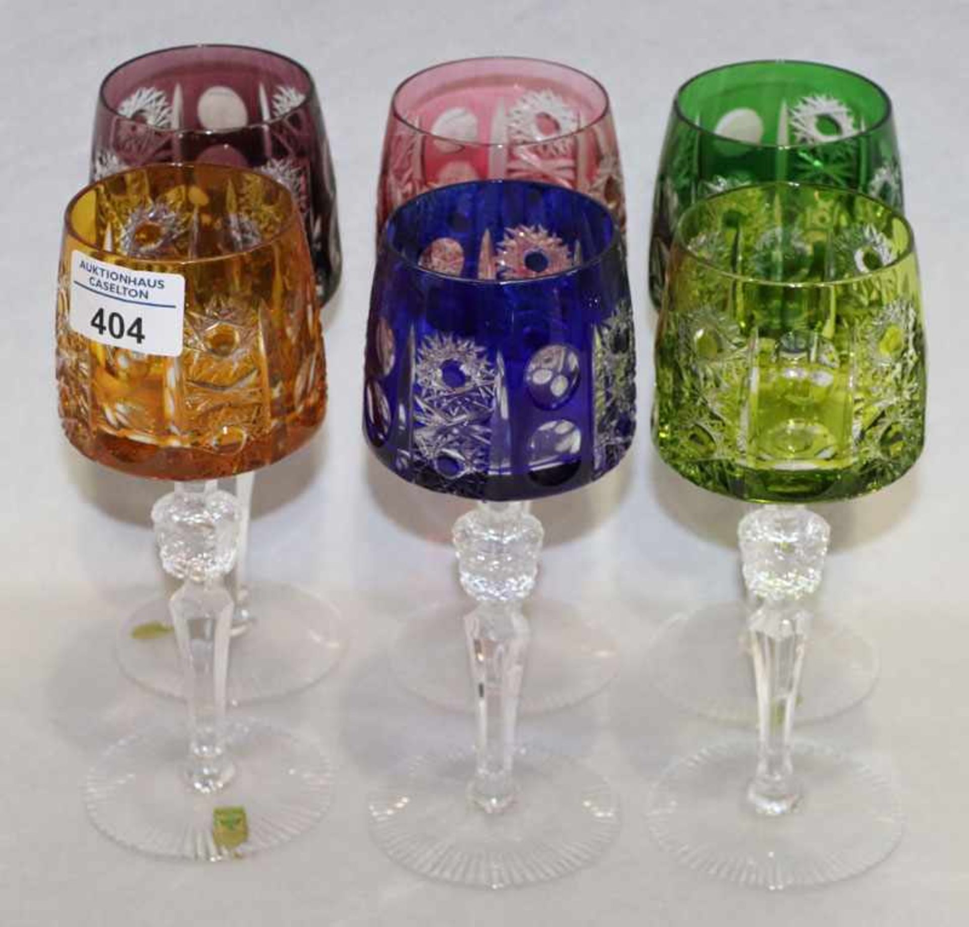 6 Walha Bleikristall Weinrömer in verschiedenen Farben mit gleichem Schliffdekor, H 20 cm, gut