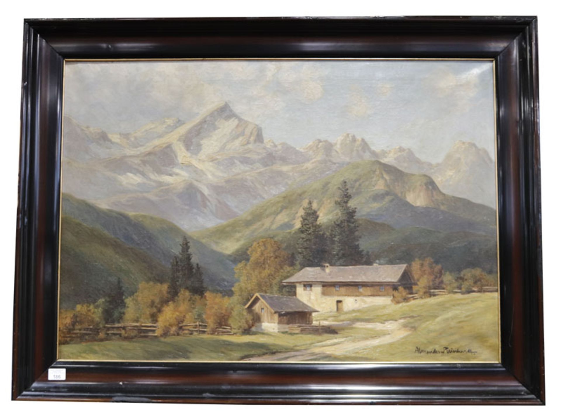 Gemälde ÖL/LW 'Alm vor Wettersteingebirge', signiert Alexander Reinhard, * 1888 + 1958, gerahmt,