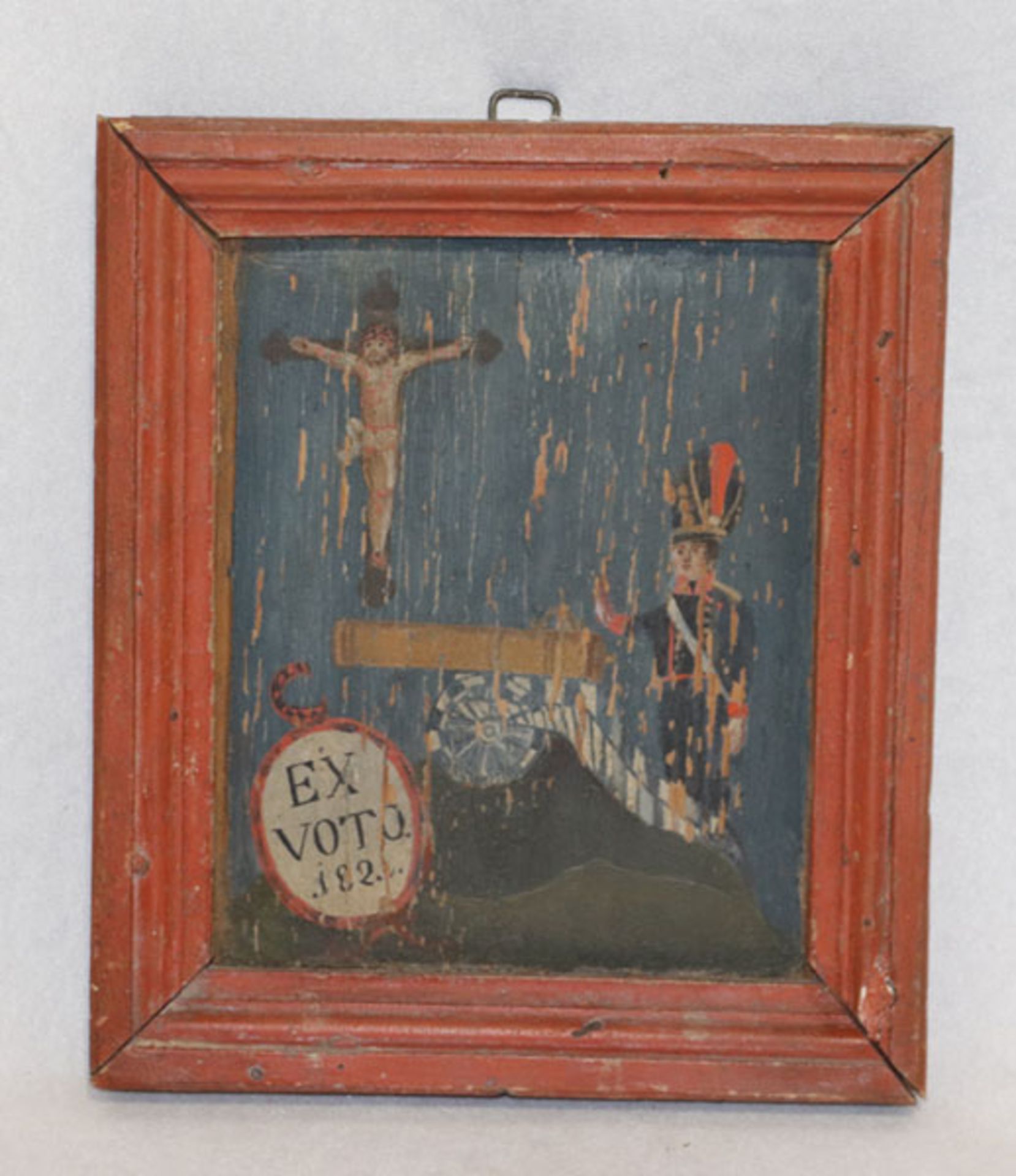 Votivtafel, EX Voto 1820, gerahmt, incl. Rahmen 23 cm x 20 cm, starke Altersspuren, Farbablösungen