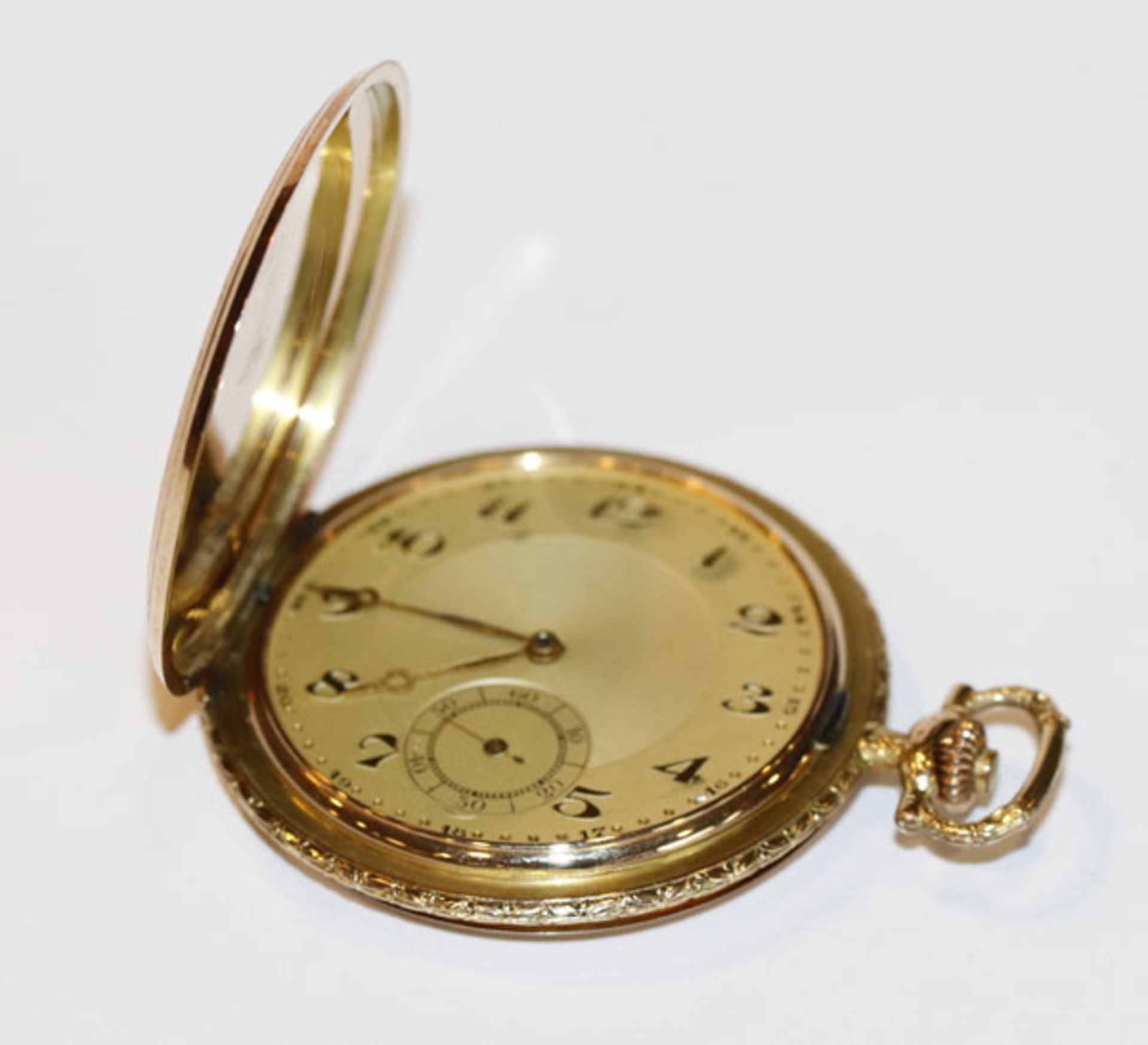14 k Gelbgold Sprungdeckel-Taschenuhr mit graviertem Dekor, ohne Monogrammgravur, Staubdeckel kein