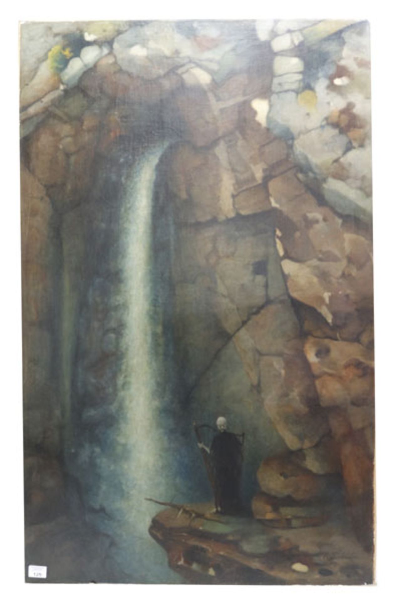 Gemälde ÖL/LW 'Harfenspielerin am Wasserfall', signiert E. (Edwin) Perkuhn, * 23.5.1861 Lisettenfeld