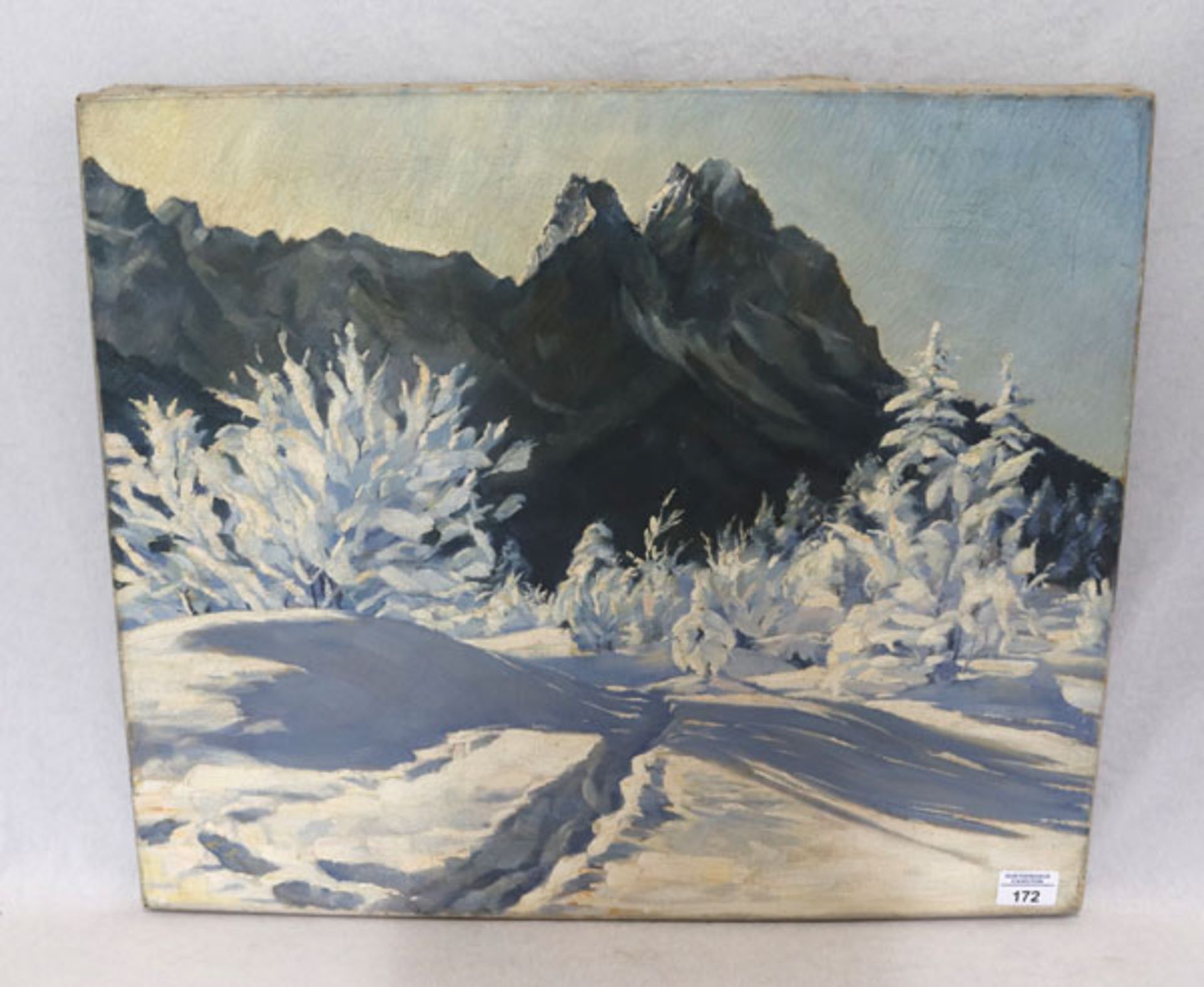 Gemälde ÖL/LW 'Waxensteine im Winter', monogrammiert E. K., ohne Rahmen 51 cm x 60 cm