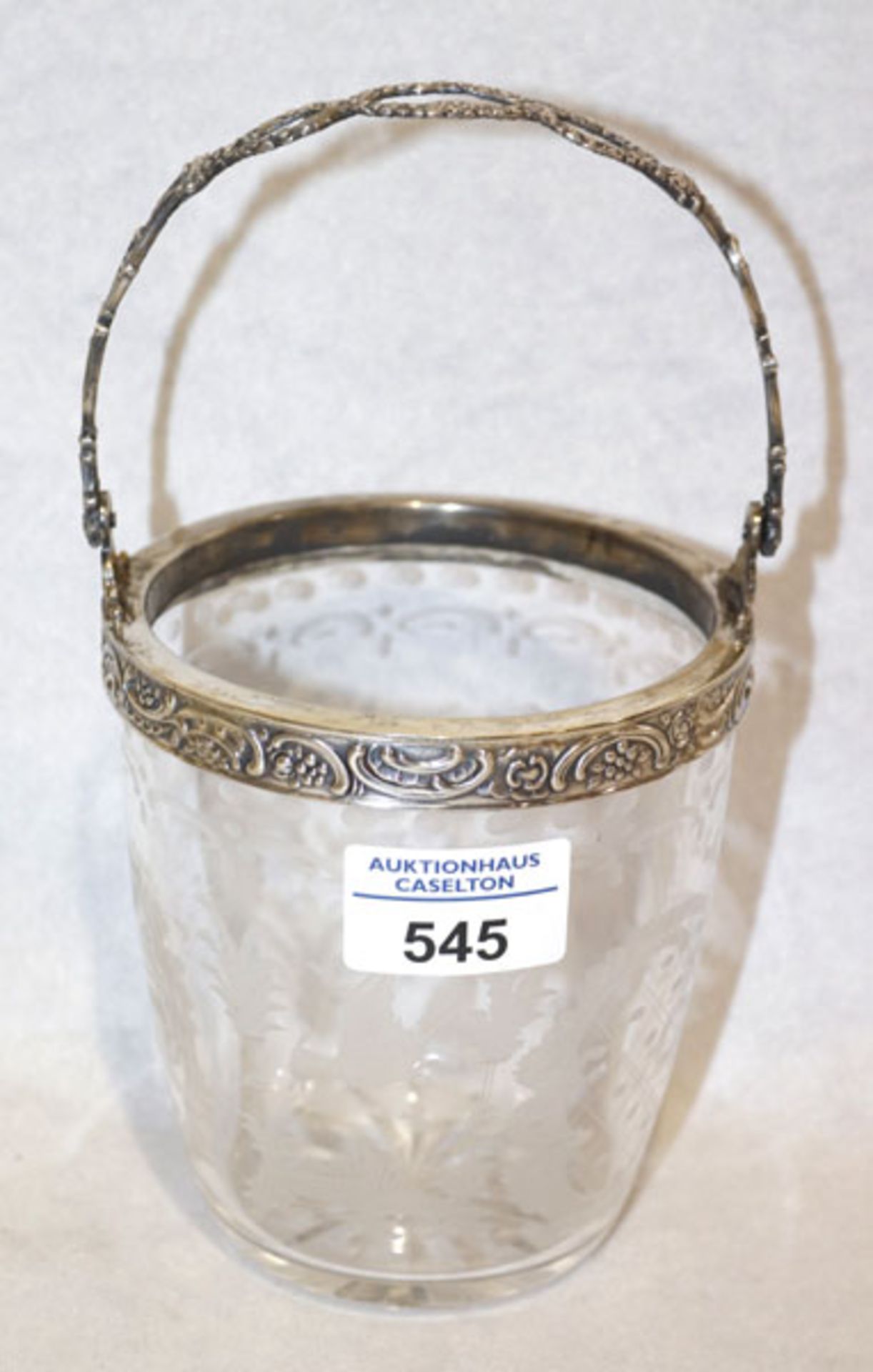 Glas Eisbehälter, fein graviert, mit 800 Silbermontiertung, Reliefdekor, H 21 cm, D 11,5 cm