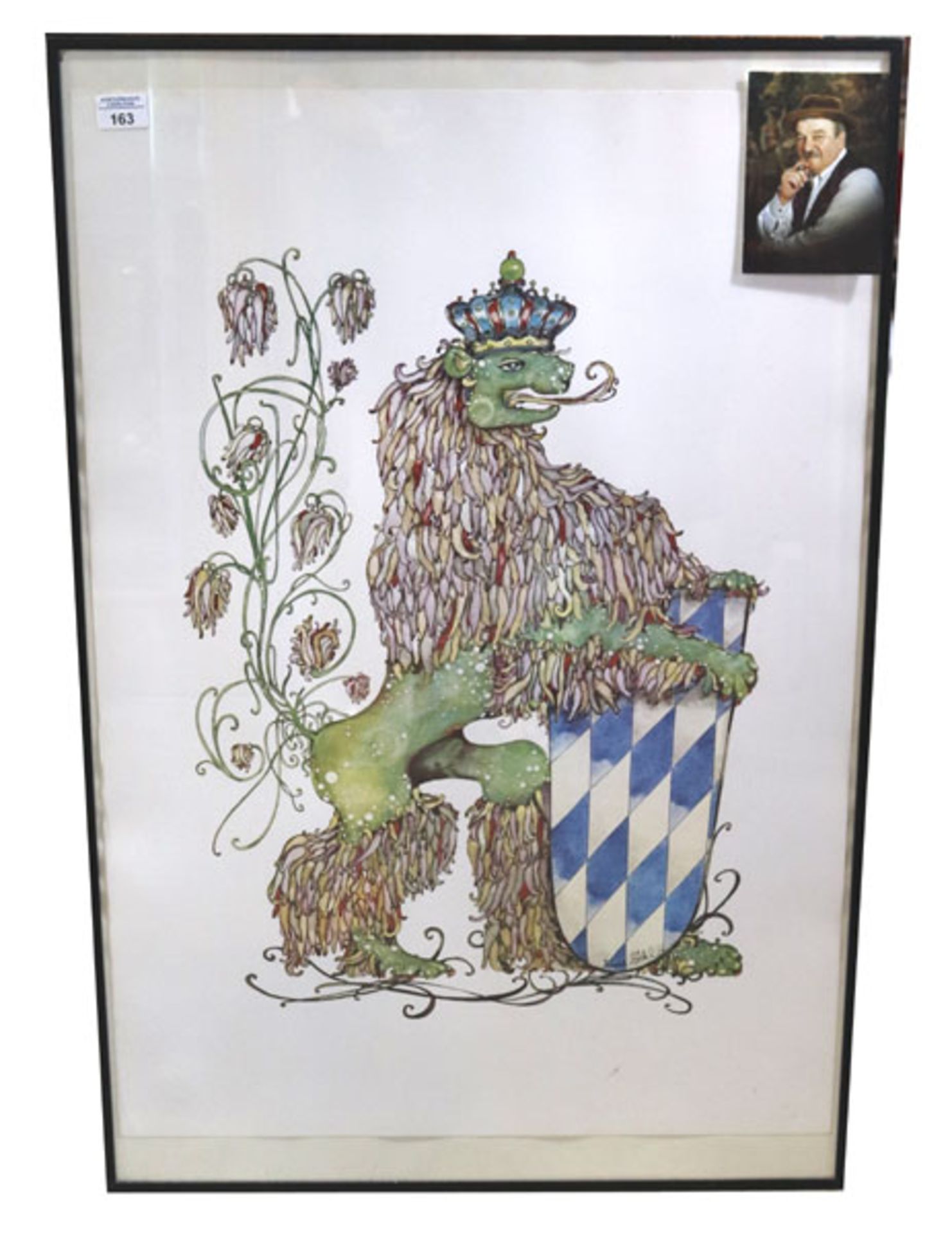 Offsetdruck 'Bayerischer Löwe', von Rupert Stöckl, * 1923 München + 1999 München, unter Glas