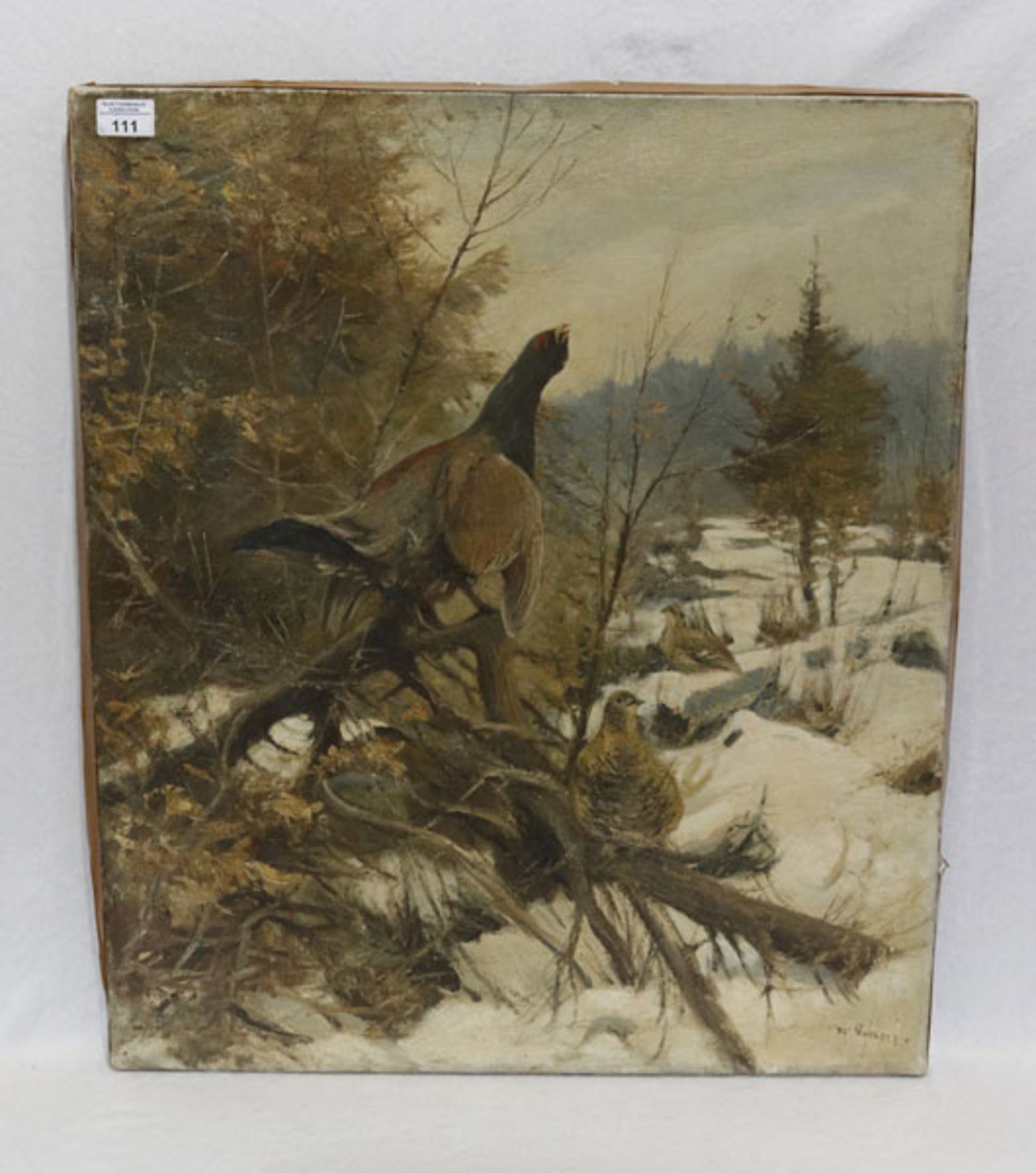 Gemälde ÖL/LW 'Auerhähne in Winterlandschaft', undeutlich signiert, ohne Rahmen 71 cm x 61 cm