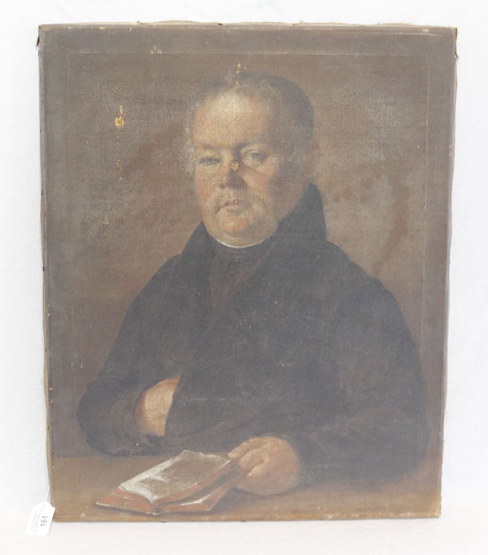 Gemälde ÖL/LW 'Portrait eines Paters', LW beschädigt, Farbablösungen, 18. Jahrhundert, ohne Rahmen
