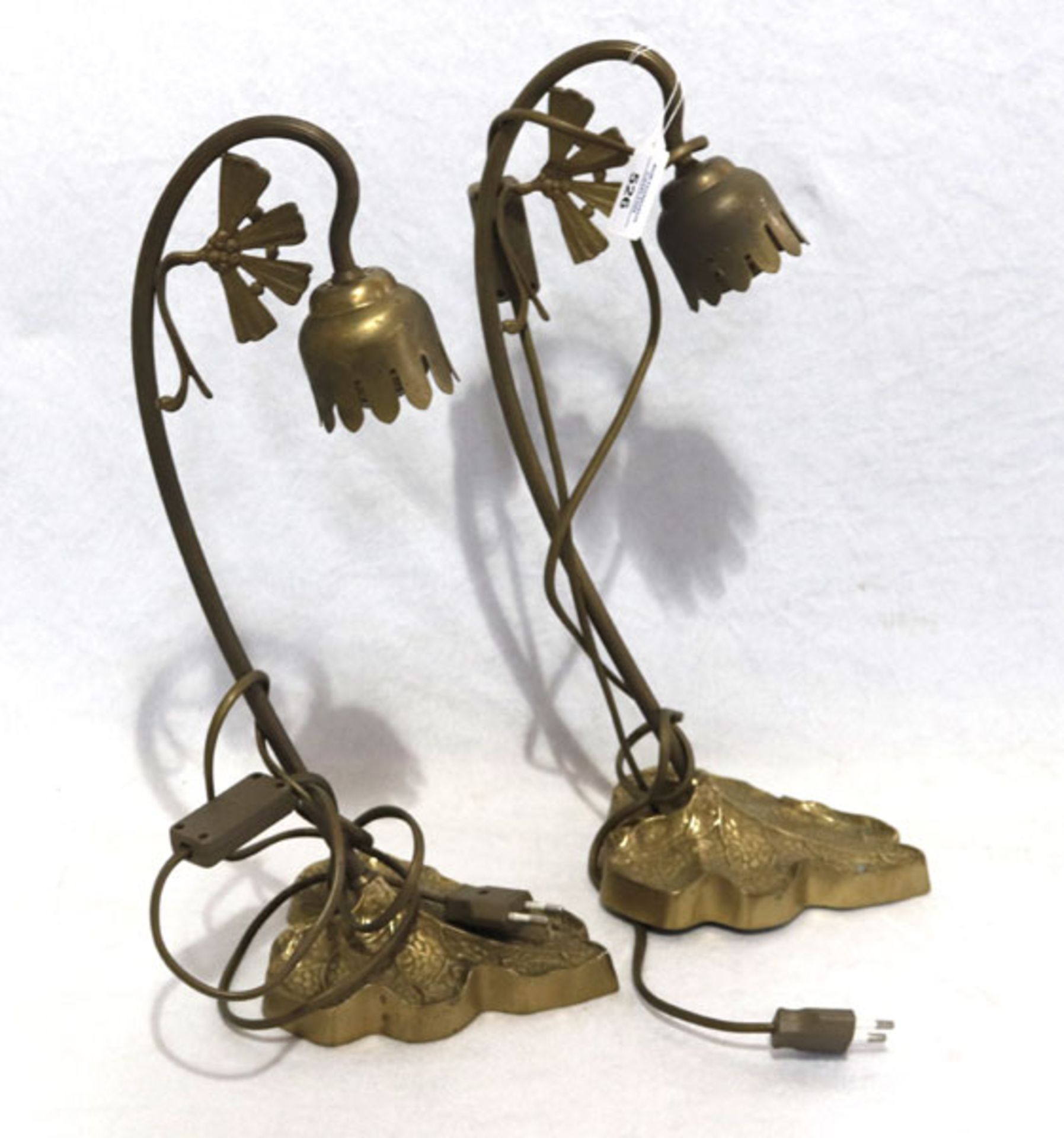Paar Jugendstil Tischlampen in floraler Form, H 42 cm, B 14 cm, T 25 cm, Gebrauchsspuren, Funktion