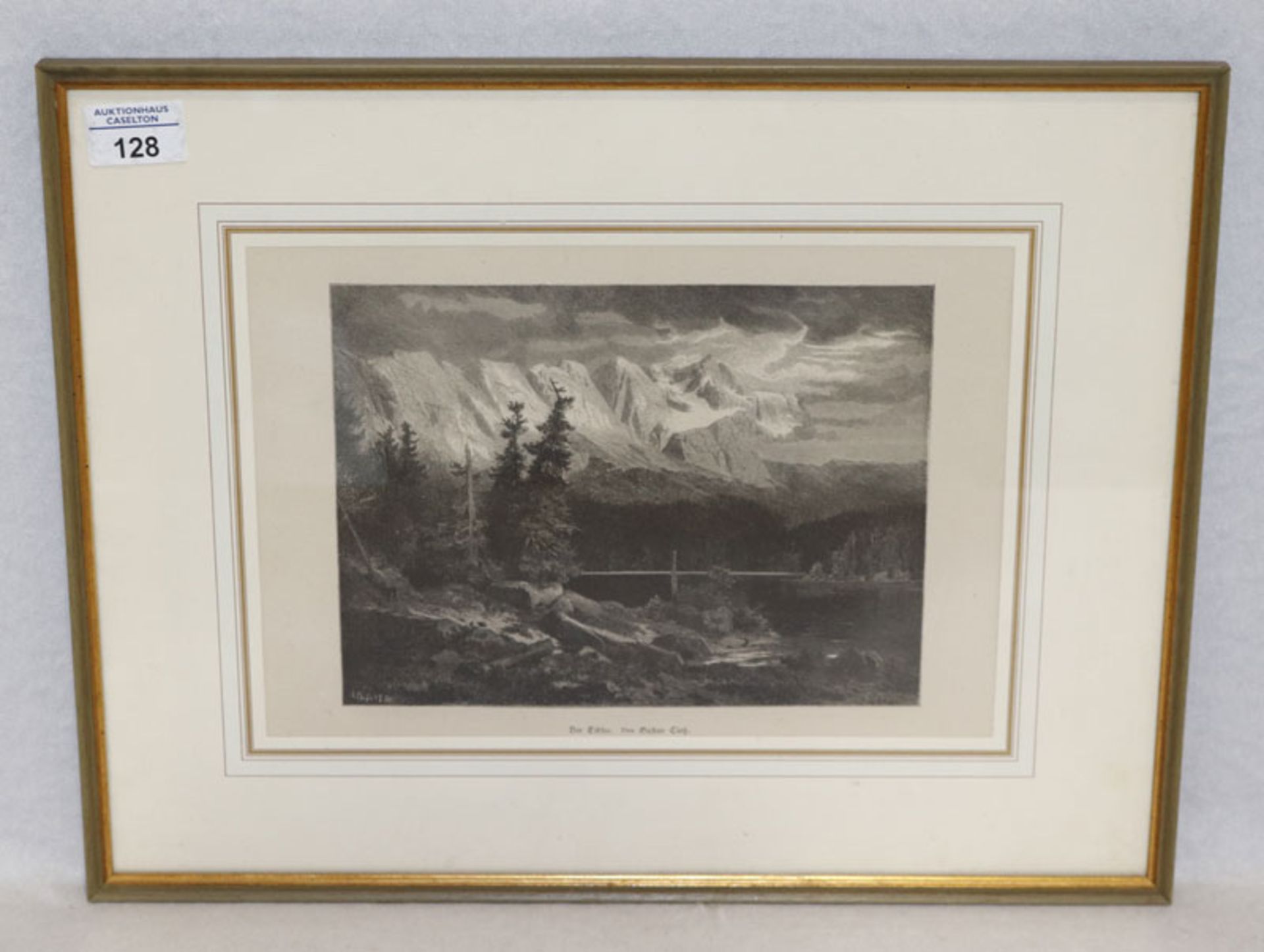 Druck 'Eibsee mit Zugspitze', von Gustav Cloß, mit Passepartout unter Glas gerahmt, incl. Rahmen