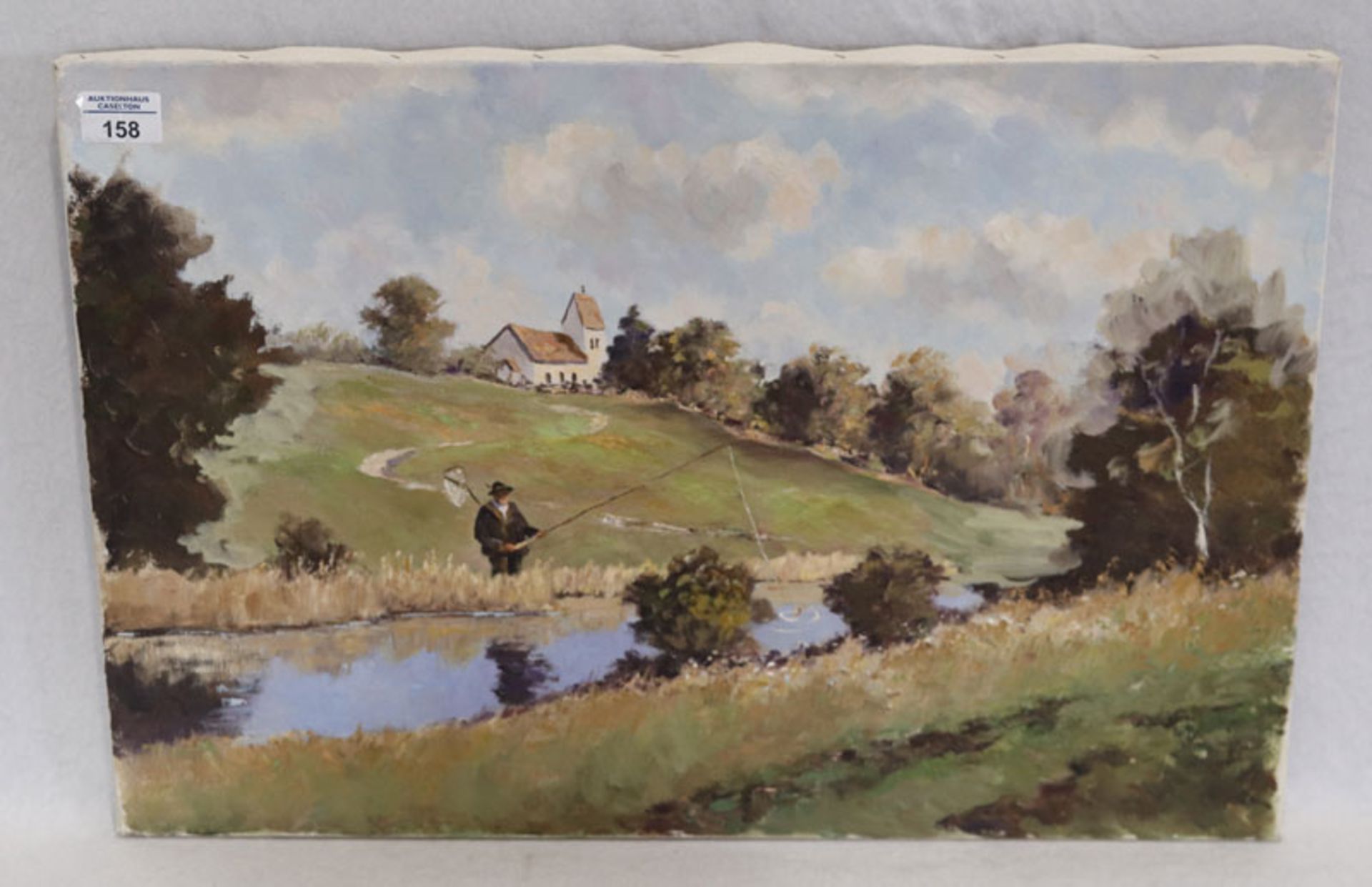 Gemälde ÖL/LW 'Landschafts-Szenerie mit Angler am Bachlauf', aus dem Nachlass von Haslbauer, Paul, *