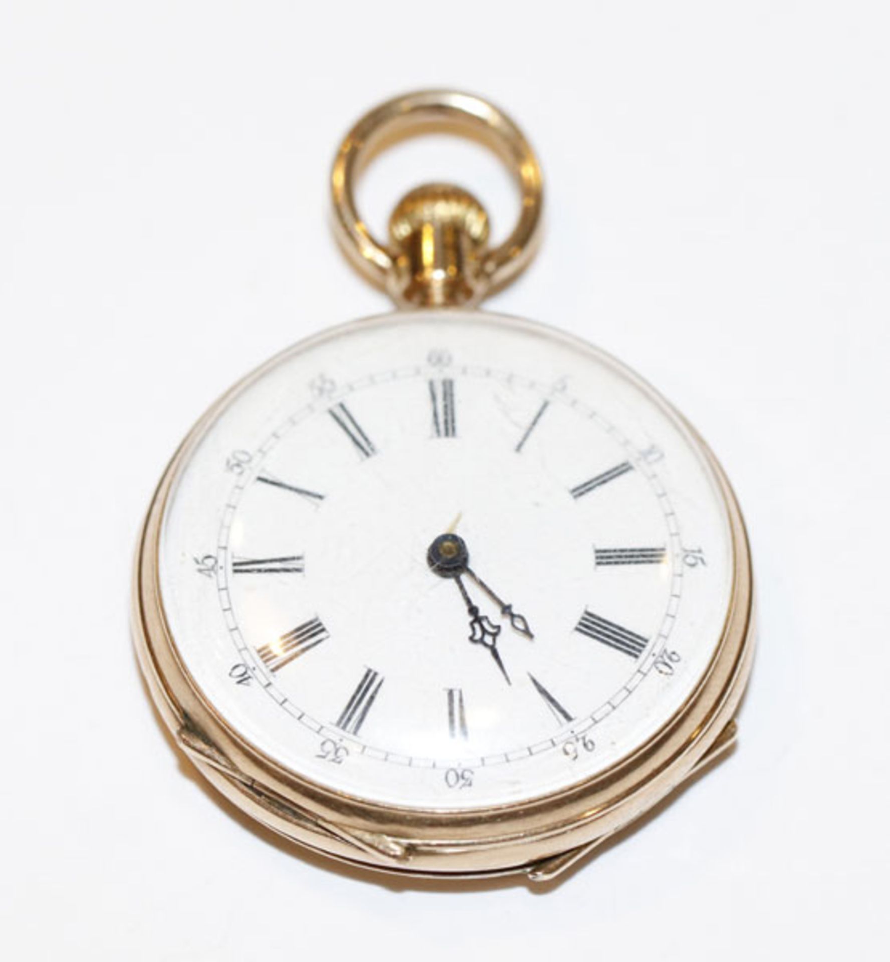 14 k Gelbgold Taschenuhr, Deckel fein graviert, Deckelschanier beschädigt, intakt, D 3,5 cm