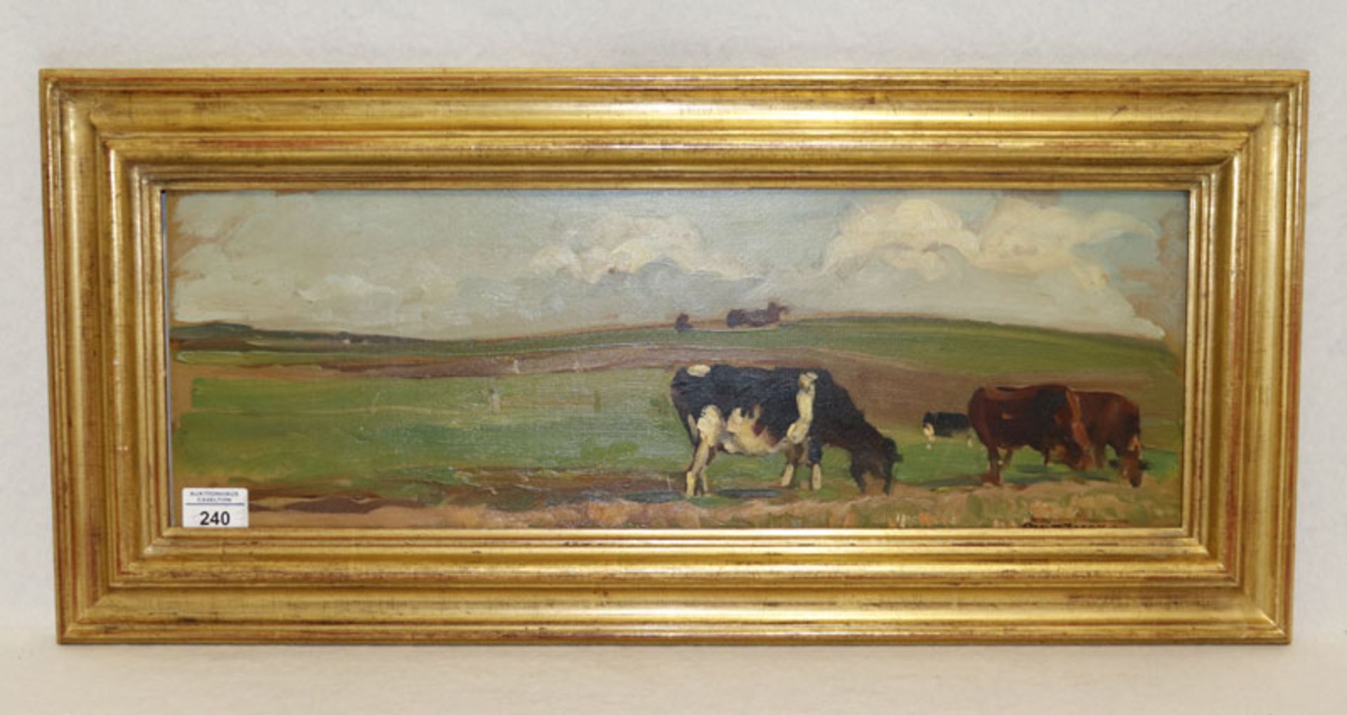 Gemälde ÖL/Malkarton 'Weidelandschaft mit Kühe', signiert Rent Looschen, * 1893 Berlin + 1945