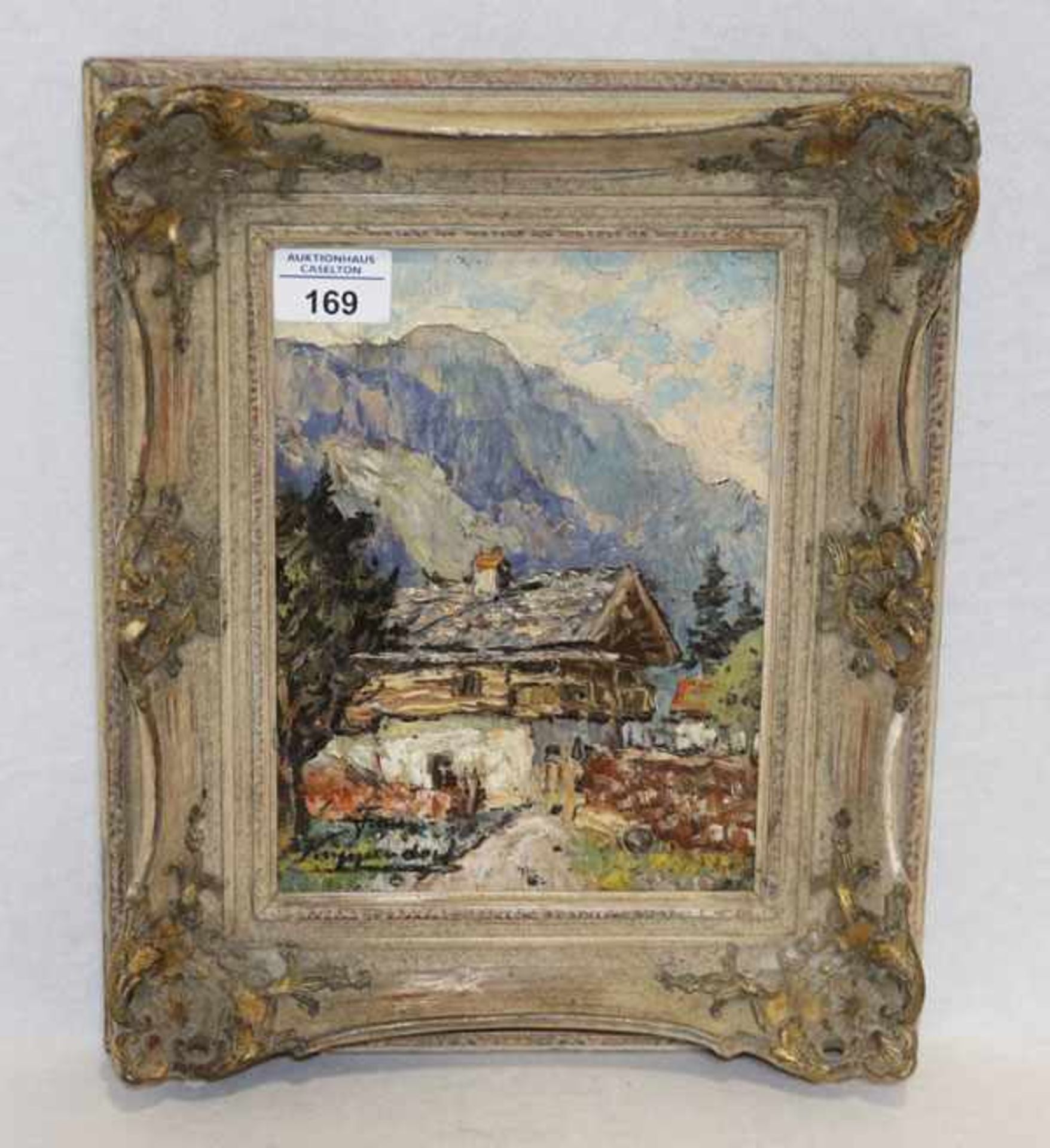 Gemälde ÖL/Malkarton 'Bauernhaus im Gebirge', signiert Franz Krippendorf, * 1907 Innsbruck + 1982