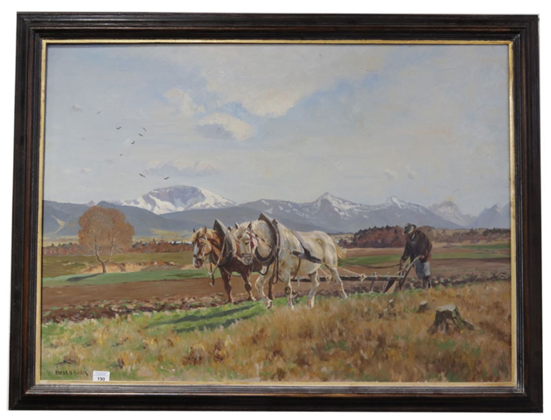 Gemälde ÖL/LW 'Voralpenlandschaft mit Pferdepflug bei der Arbeit', signiert Haslbauer, Paul, *