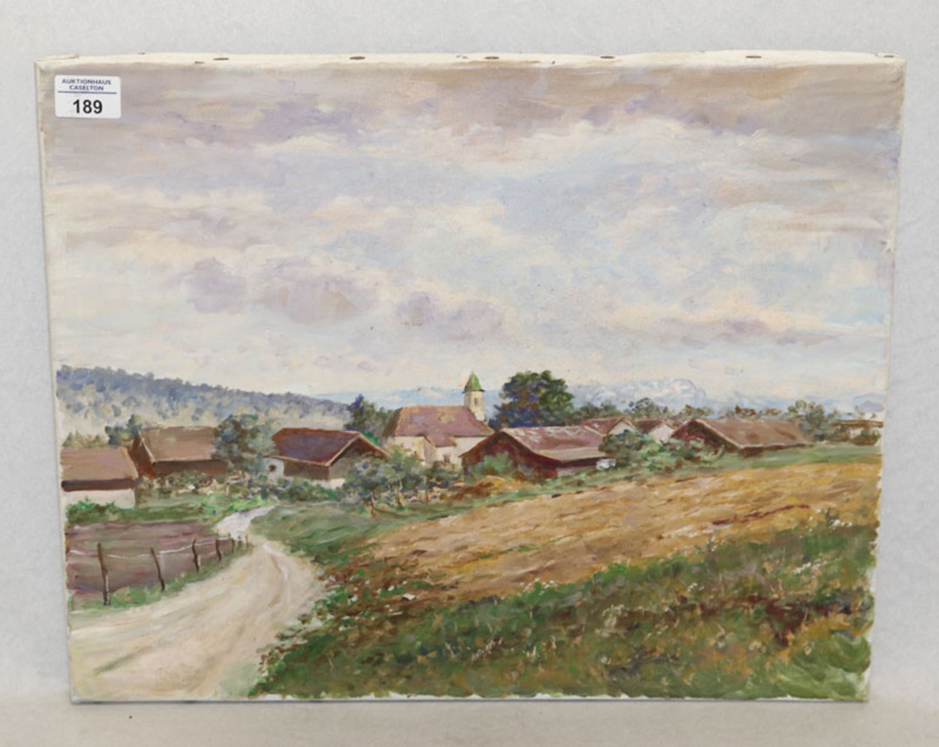 Gemälde ÖL/LW 'Bayerische Dorfansicht mit Gebirgskette', aus dem Nachlass von Haslbauer, Paul, *