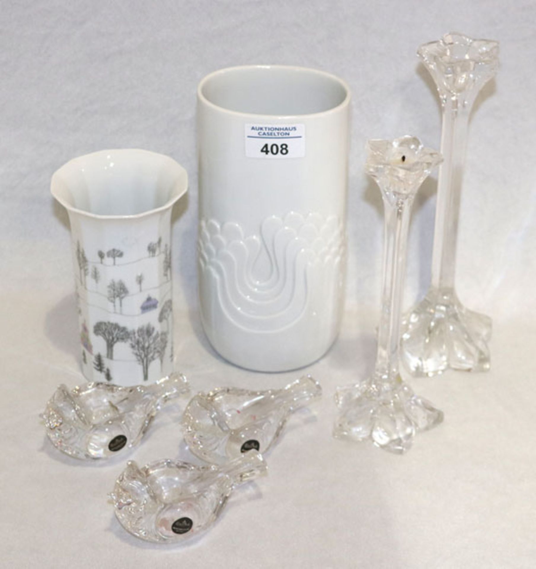 Konvolut: 3 Rosenthal Glas-Kerzenleuchter in Vogelform, H 6 cm, Rosentahl Bechervase, Form