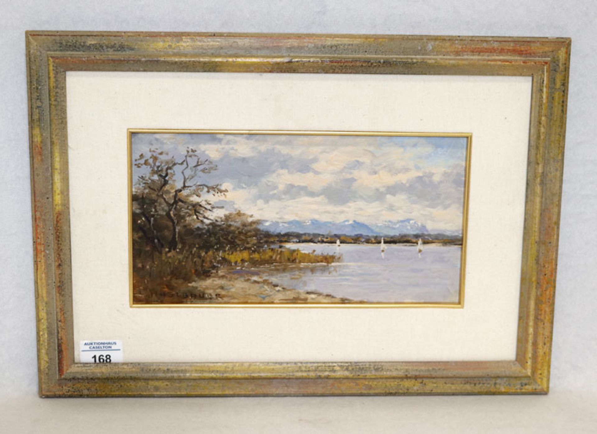 Gemälde ÖL/Malkarton 'Chiemsee-Szenerie mit Segelbooten', signiert Haslbauer, Paul, * 1919 München +