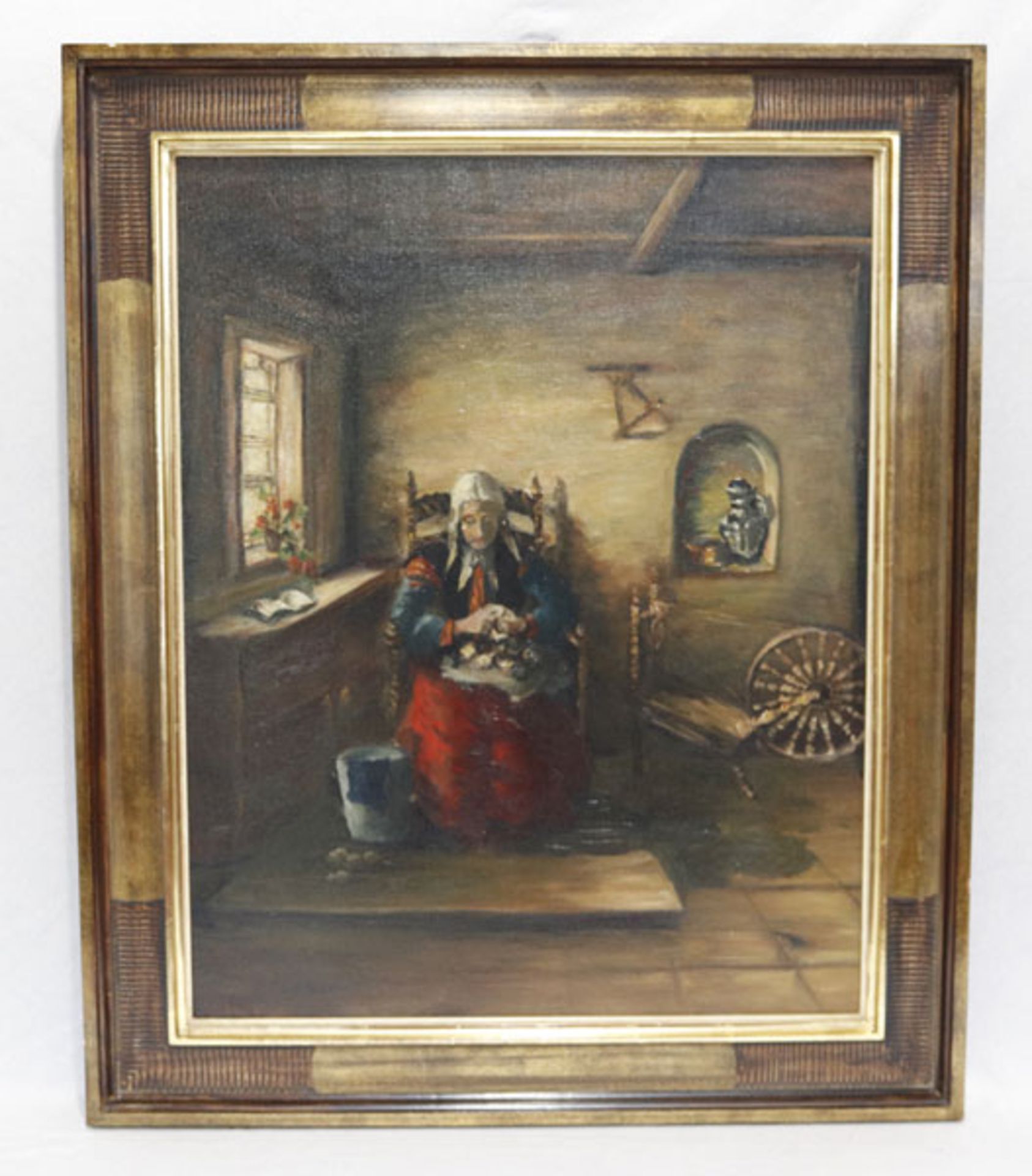 Gemälde ÖL/LW 'Frau in der Stube', gerahmt, Rahmen leicht bestossen, incl. Rahmen 85 cm x 69 cm