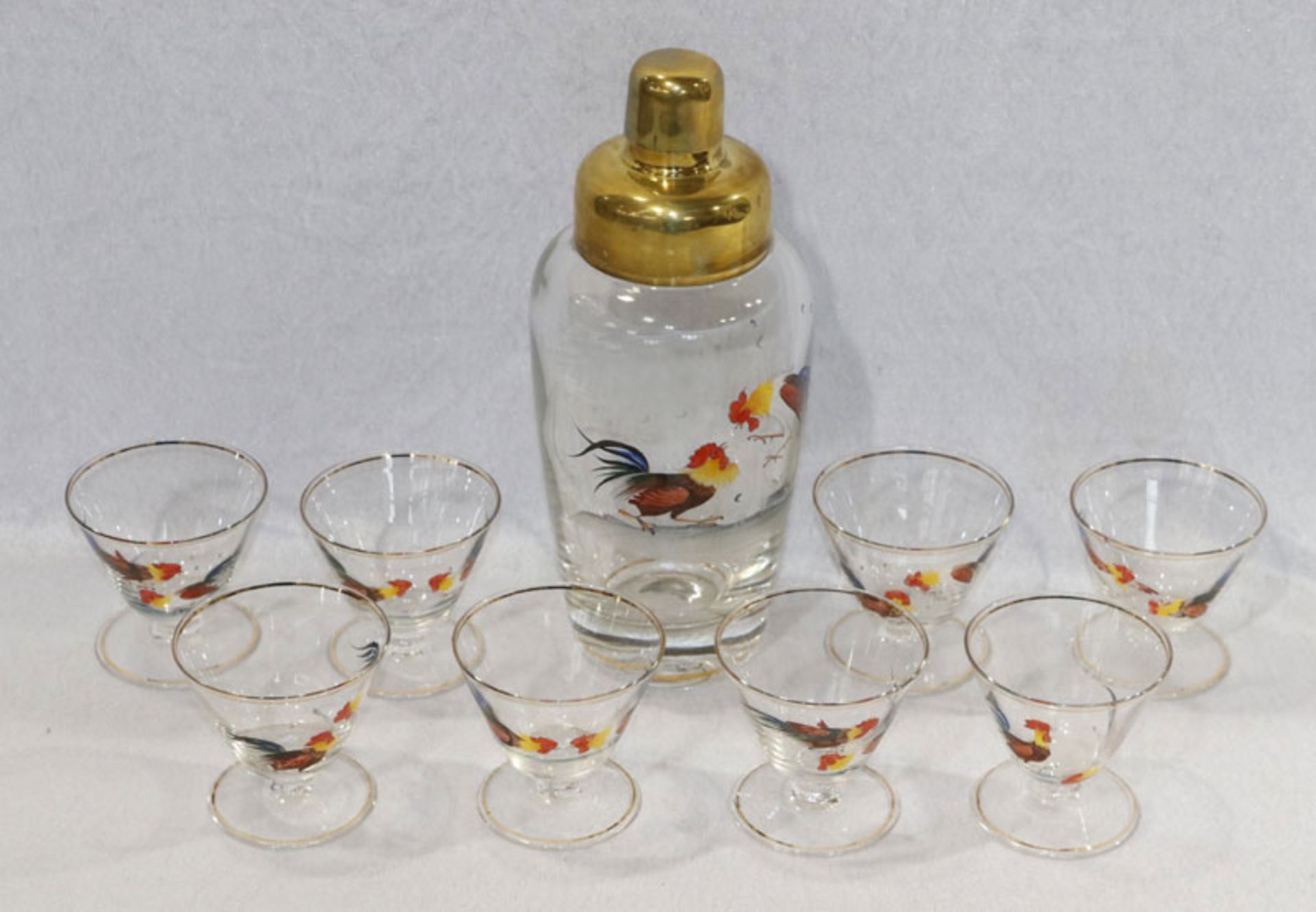 Cocktail Shaker mit 8 passenden Gläsern, alle mit handgemaltem Streithahndekor, Goldrand, H 23/6,5