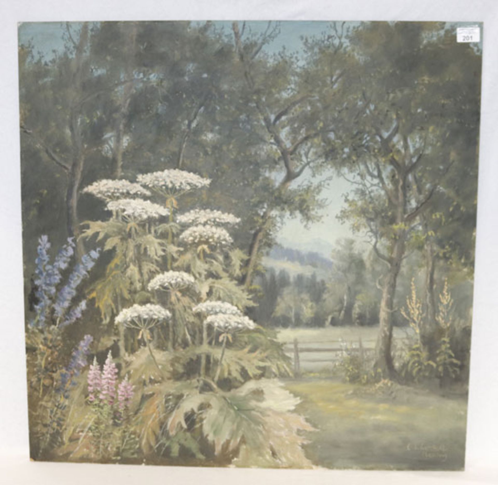 Gemälde ÖL/Holz 'Mein Garten mit Bärenklau', signiert C. L. Loreck, Maler, Aquarellist,