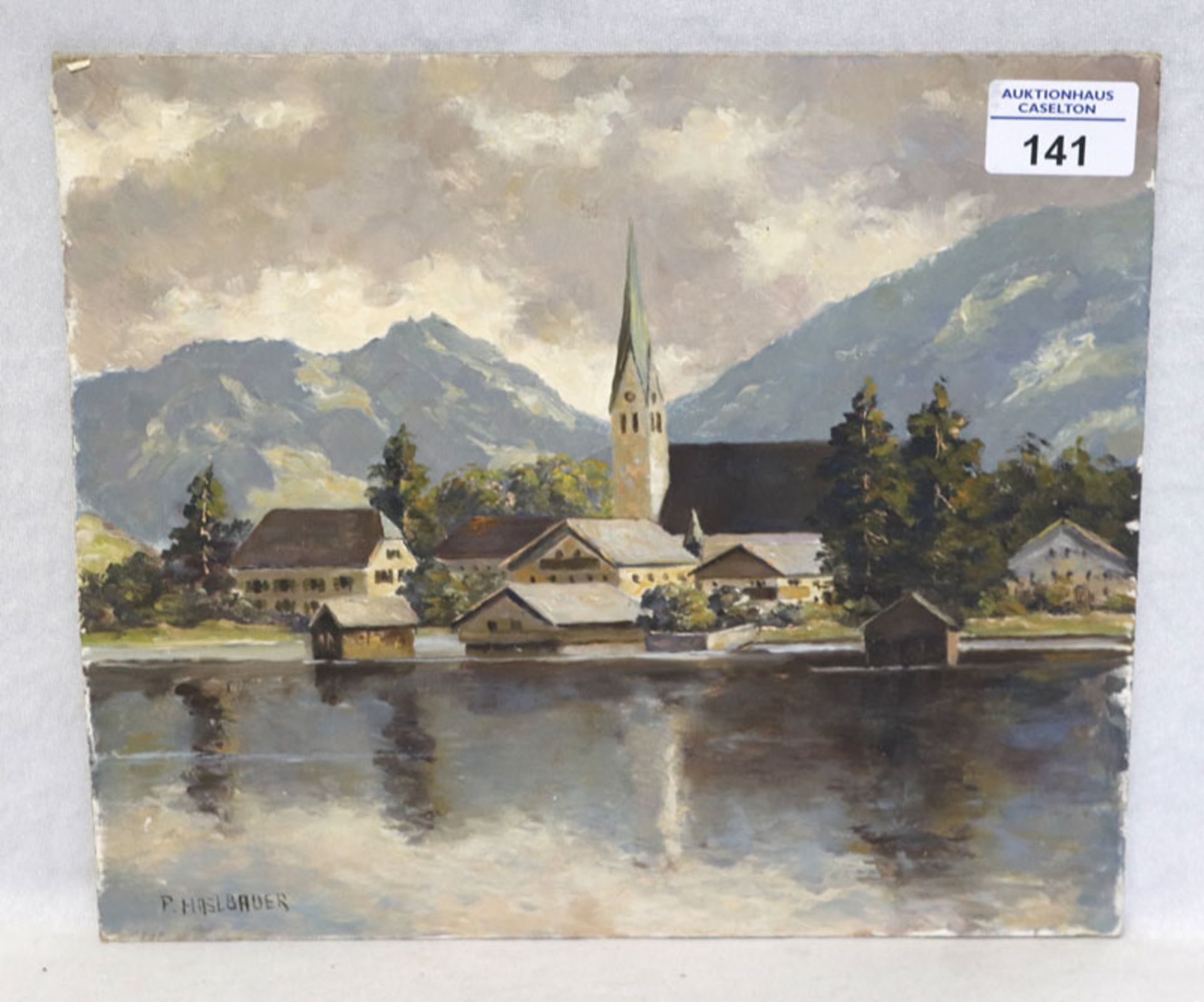 Gemälde ÖL/Malkarton 'Tegernsee', signiert P. Haslbauer, * 1919 München + 2016 München-Pasing, war