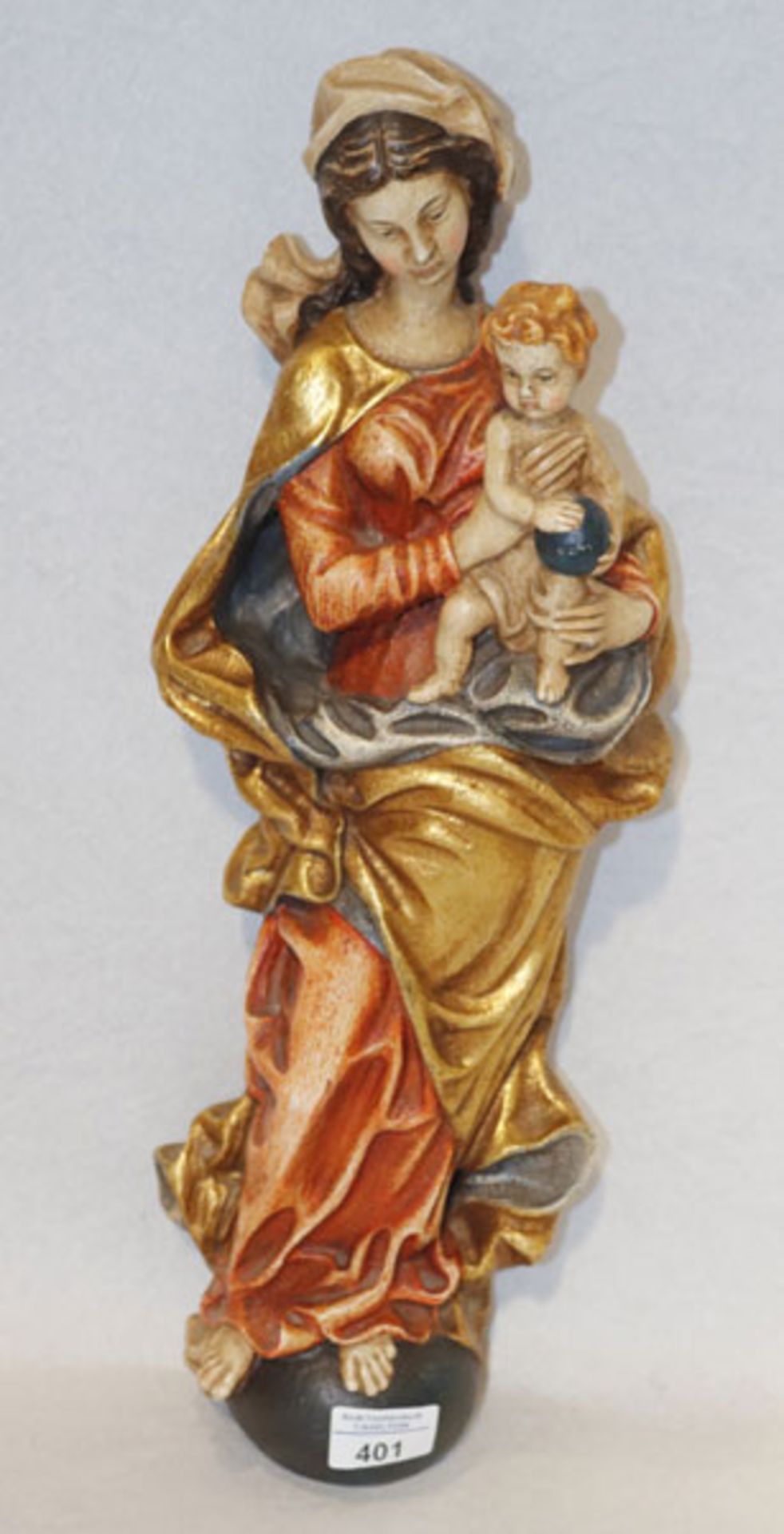 Holz Figurenskulptur 'Maria mit Kind', farbig gefaßt, am Boden bez. Corazza, Meran, H 50 cm