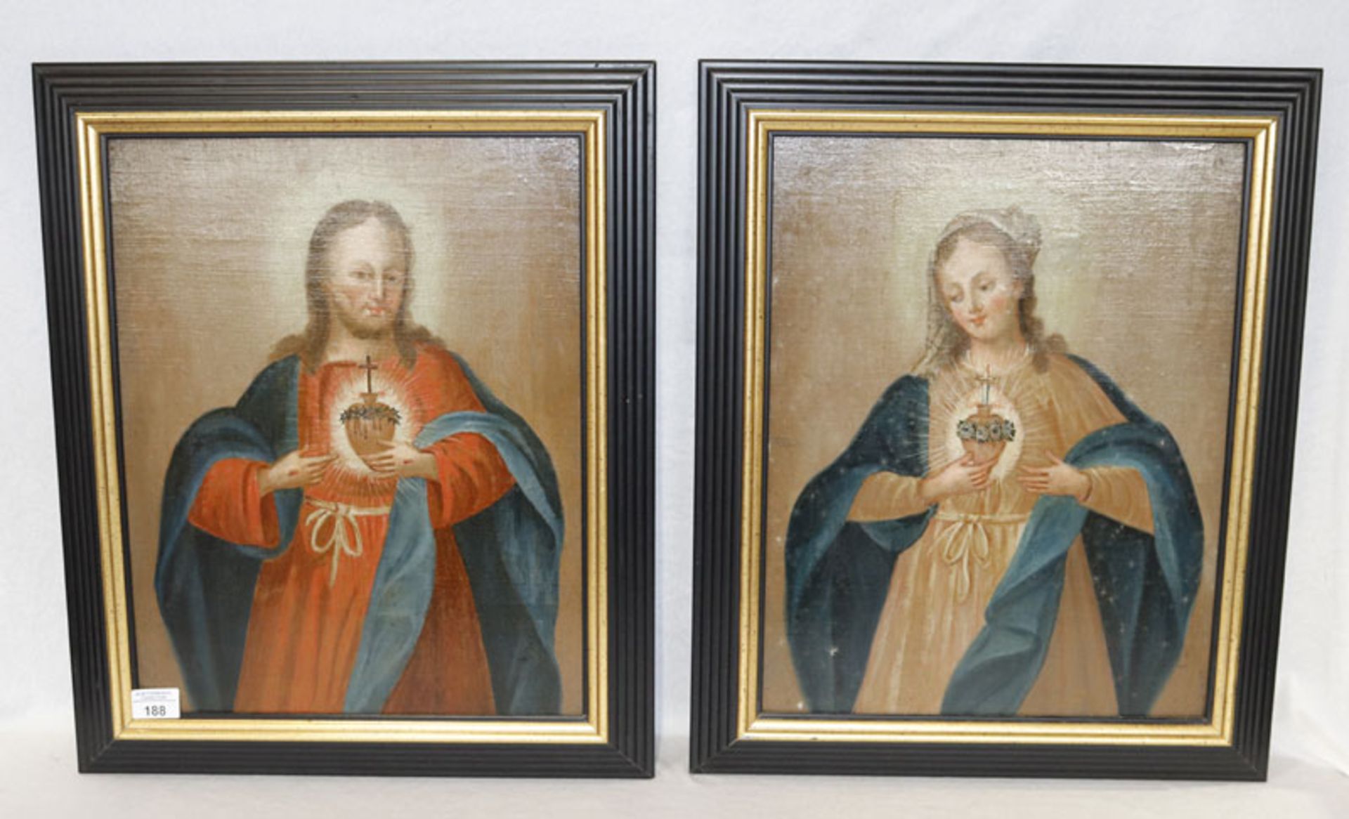 Paar Ölgemälde 'Herz-Maria und Herz-Jesus', um 1800, restauriert und neu gerahmt, incl. Rahmen 57 cm